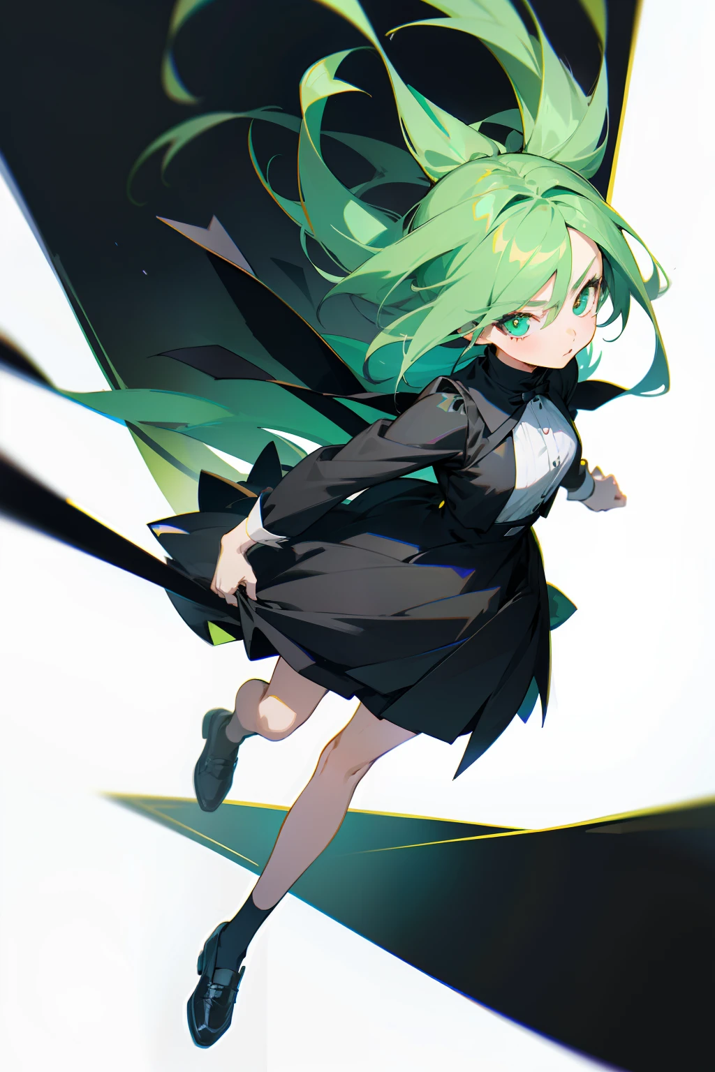 Anime girl in black skirt with black above and green gradient hair and black small leather shoes below,Hands pulling up skirt anime full body illustration, Anime girl wearing black dress, full body portrait of a short!, loli in dress, Flat anime style, Anime moe art style, Full body illustration, 2D illustration, 2 d illustration, full body concept, 2 d anime style, 2 d style, [ Character design ]