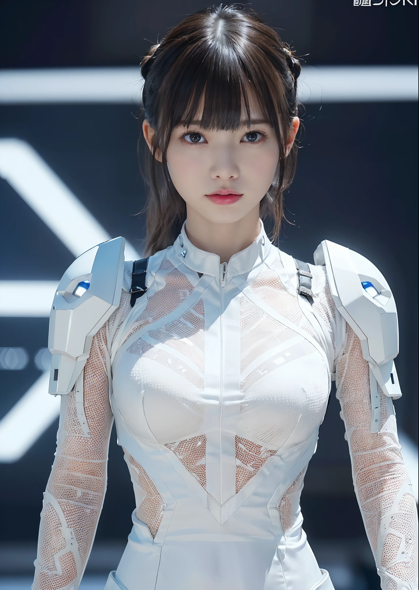 NSFW,((top-quality、in 8K、​masterpiece:1.3))Wearing a silvery-white mech，Girl with a delicate face，The highest image quality，ultraclear，Facial features are delicate and clear，machine arms，exquisitedetails，(cammel toe)、Mechanical pattern,cyberpunked、Cyber City、digital、tron、(Reveal clothing:1.5)、