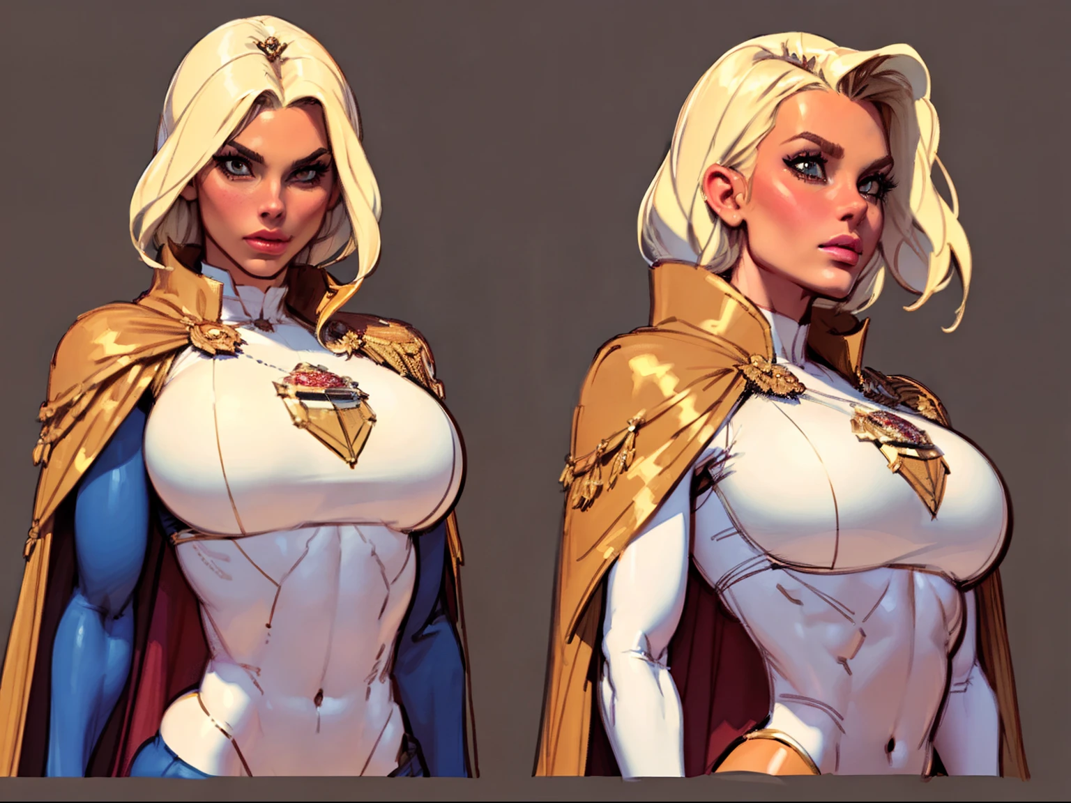 ((masterpiece)),(((best quality))),((character design sheet)), illustration,1woman, environment Scene change, muscular, (brown skin:1.4), (black legs), thick legs, (royalty cape:1.5), scribbles and marks, fire, ((detailed face:1.1)), rough sketches, pose too, platinum blonde, black and gold color palette, 8k,16k, (simple background, light background: 1.3)