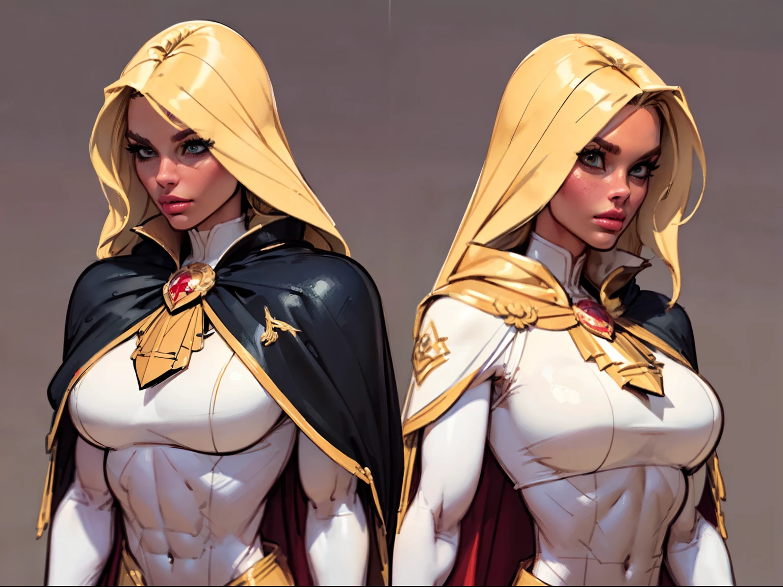 ((masterpiece)),(((best quality))),((character design sheet)), illustration,1woman, environment Scene change,  muscular, (brown skin:1.4), (black legs), thick legs, (royalty cape:1.5), scribbles and marks, fire, ((detailed face:1.1)), rough sketches, pose too, platinum blonde, black and gold color palette, 8k,16k, (simple background, light background: 1.3)