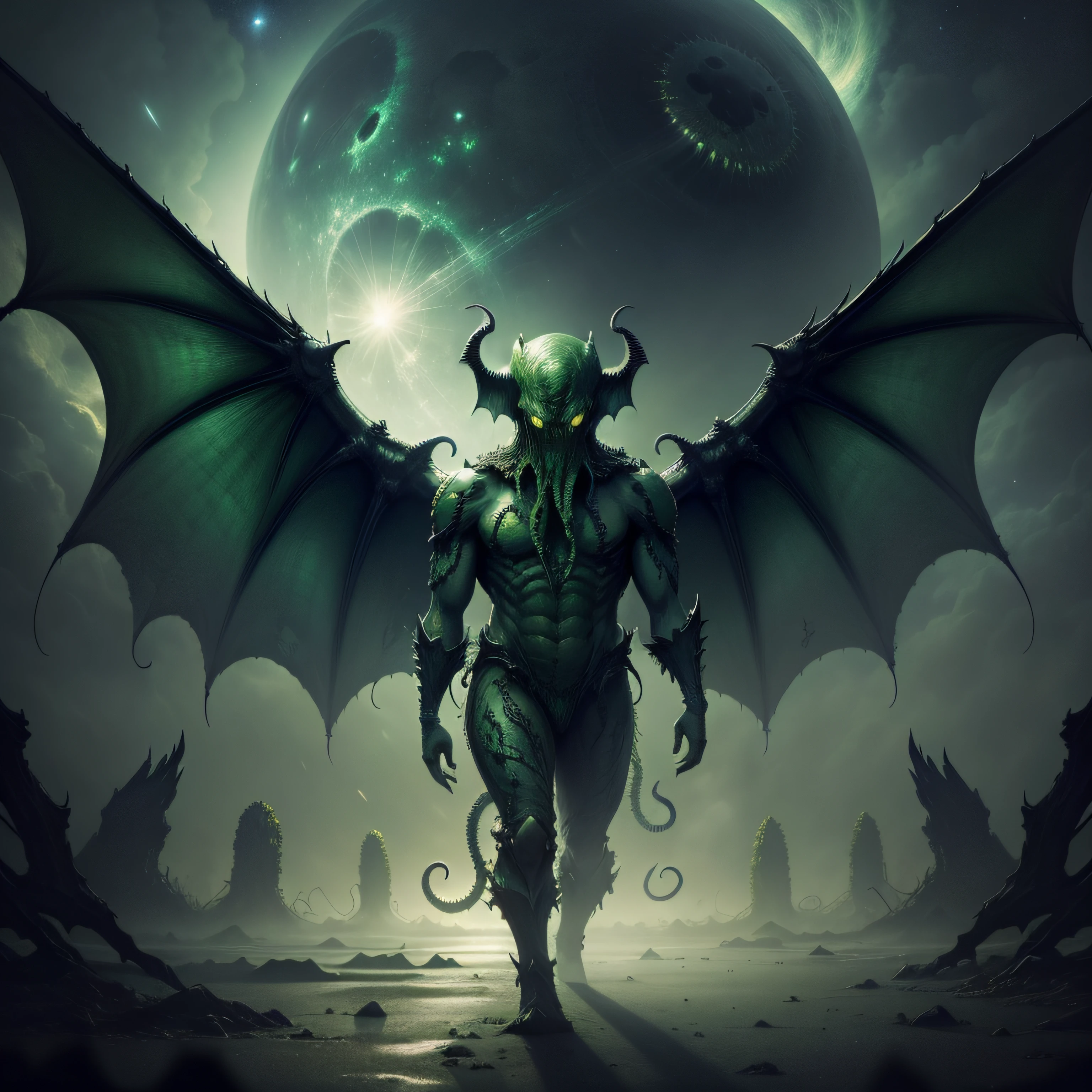 (Highest picture quality), (highly detailed) (photo-realistic:1.1), Cthulhu ,cosmic horror, horror,macabre, green, space, evil, horrific, menacing, green bat wings, strange planet,