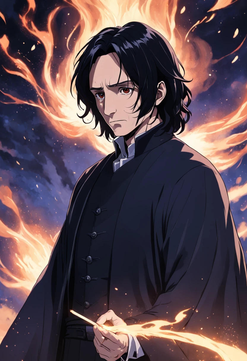 Severus snape, 40 years old man, black hair, potion