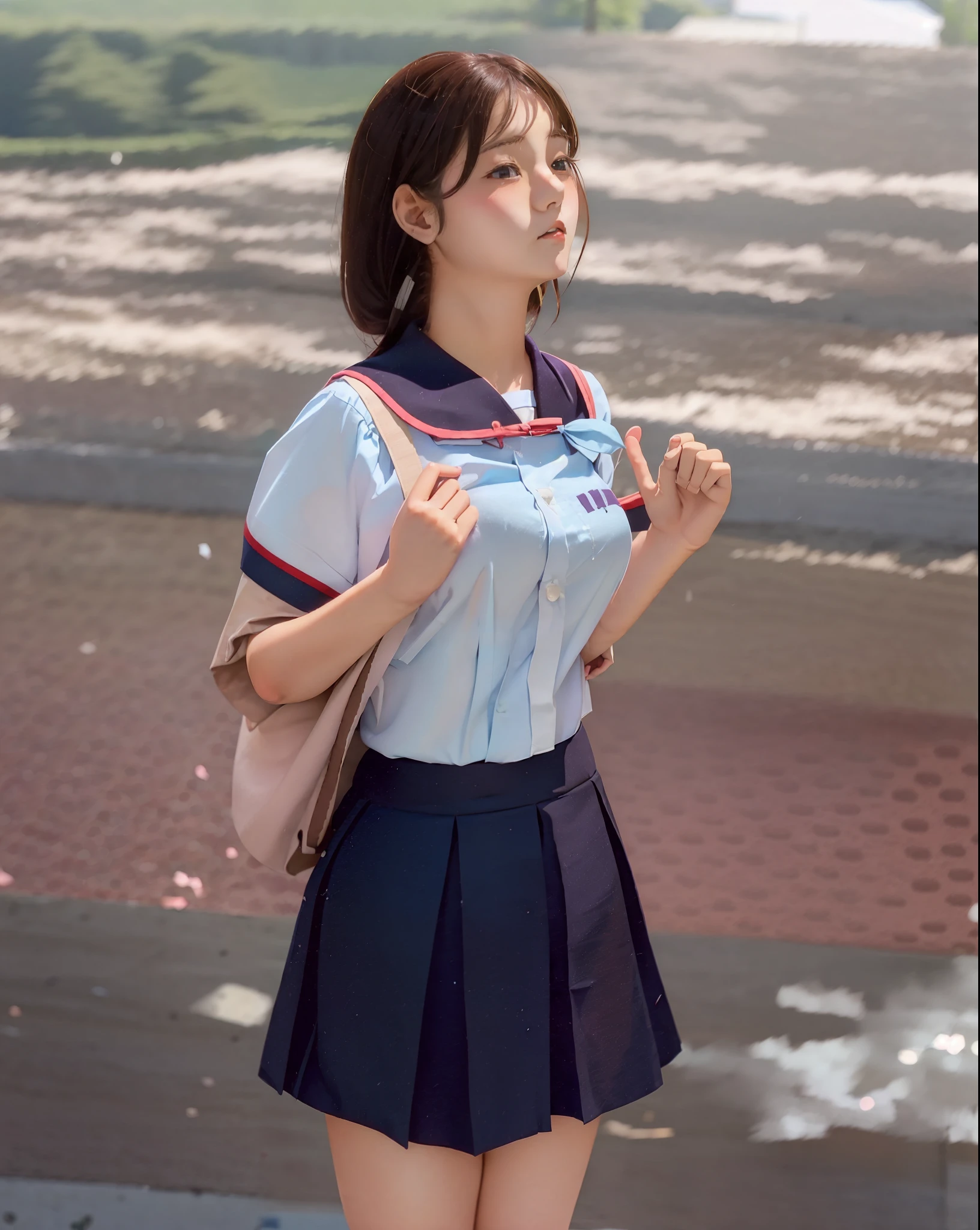 there is a woman in a skirt and a shirt posing for a picture, japanese girl school uniform, wearing japanese school uniform, japanese school uniform, girl wearing uniform, magical school student uniform, wearing school uniform, seifuku, jk uniform, wearing a school uniform, anime thai girl, loose coat collar sailor uniform, cute schoolgirl, school uniform