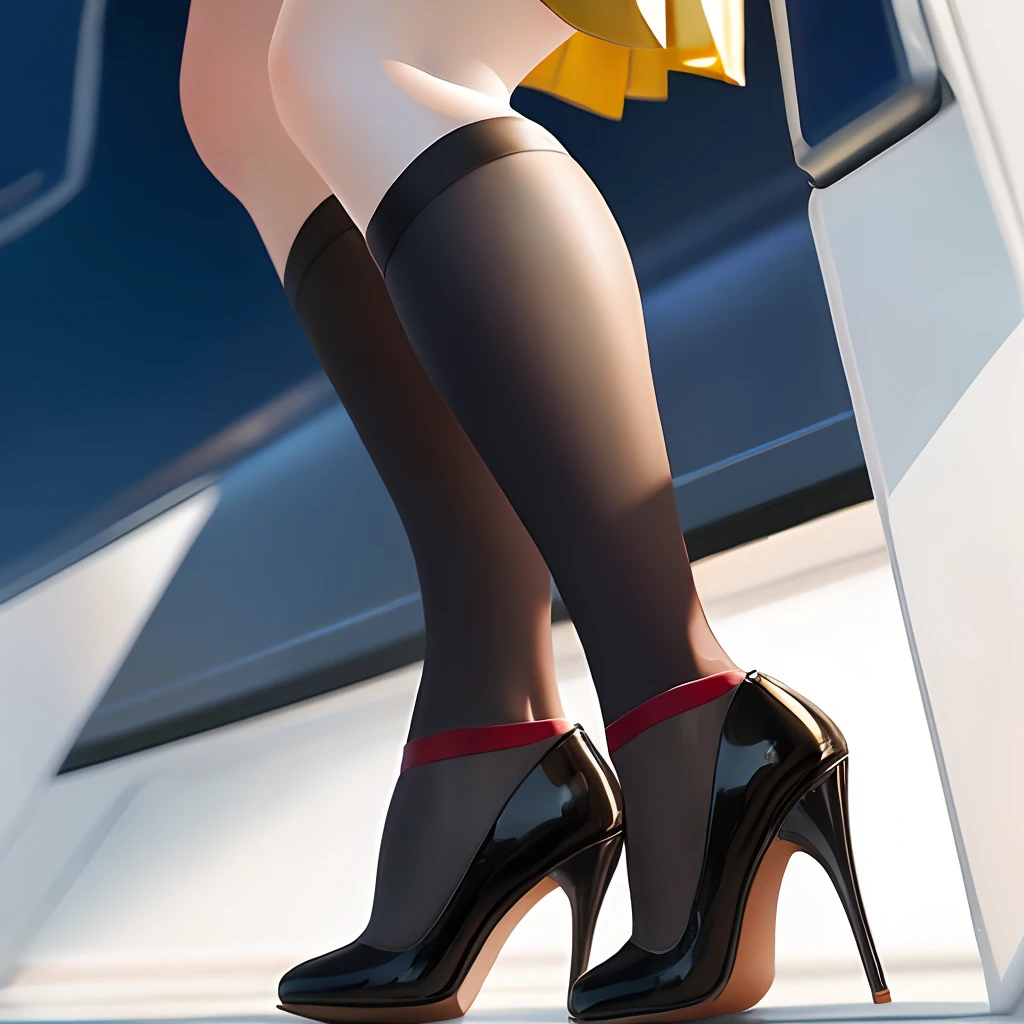 A Chinese beauty with a blue and white porcelain flight attendant uniform on the lower body, a light yellow minileather skirt on the lower body, thin black stockings, and burgundy high heels