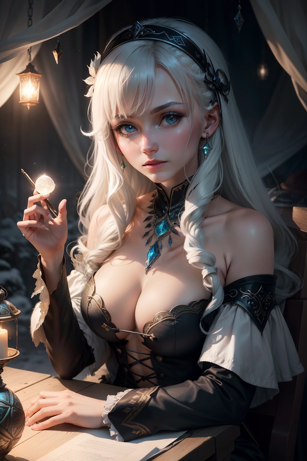 （tmasterpiece，top-quality，best qualityer，offcial art，Beauty and aesthetics：1.2），（1. Female youth：1.3），white color hair，The is very detailed，sportrait，looking at viewert，独奏，（full bodyesbian：0.6），detailedbackground，closeup cleavage，glowing light eyes，（Cold arctic winter theme：1.1），Diviner，Astrologer，mistic，sits at a table，Colorful shoulderless loose gypsy fortune teller clothes，holy grail，tarot cards， crystal sphere， medieval times （interior of a tent：1.1） Background with， Tent curtains in the background， Dark and mysterious lights， shadowing， magical ambiance， star night， Dutch angle，Fingers are clear