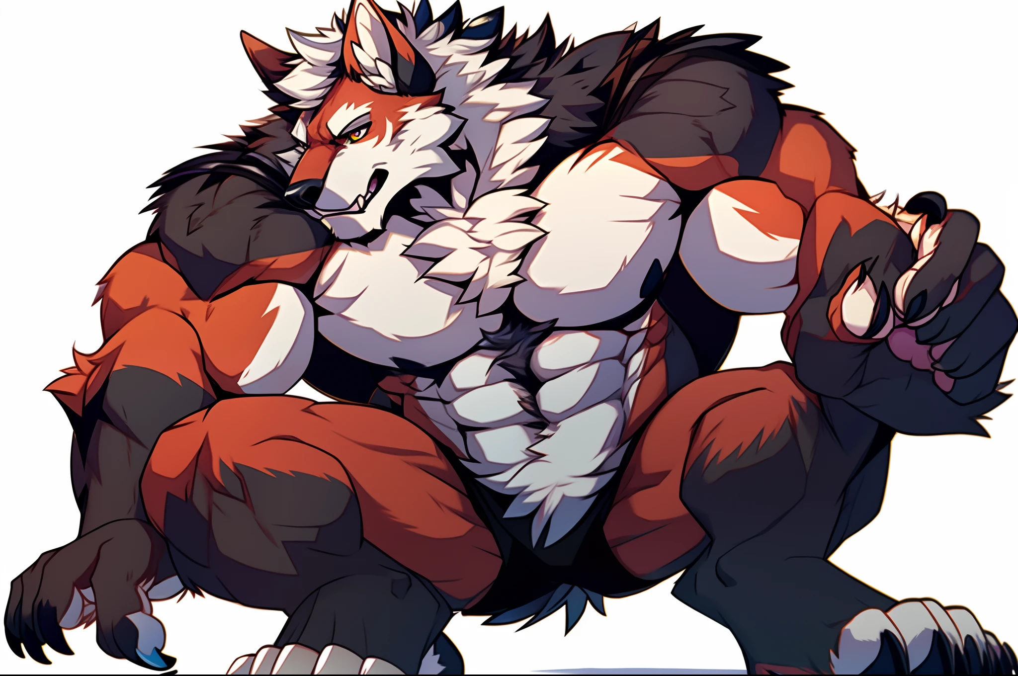 muscular werewolf,white colors,Hairy all over,clawed paws,erect through
