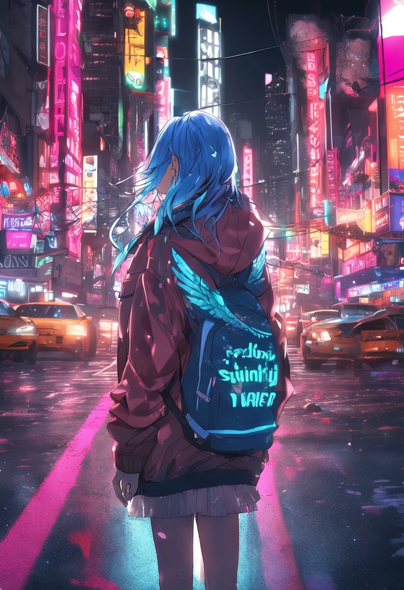 "Image Quality: 12K (Best Quality Scale: 2.8), Artistic Style: Realistic, Photorealistic Factor: 1.37, Clarity: Ultra High Definition, Subject: 1girl body turned away stunning cityscape ,hoodie,blue hair, neon color shooting stars, very long hair, off shoulder, feather hair ornament, neon colors, flashes, stunning night sky,  Girl (16 year Notable Features: body turned away, no face, only hair, distingquest, Exquisite Details, Composition:, Damp Hair, Context: Amidst Colossal Dalsefo, huge Angel wings very detailed