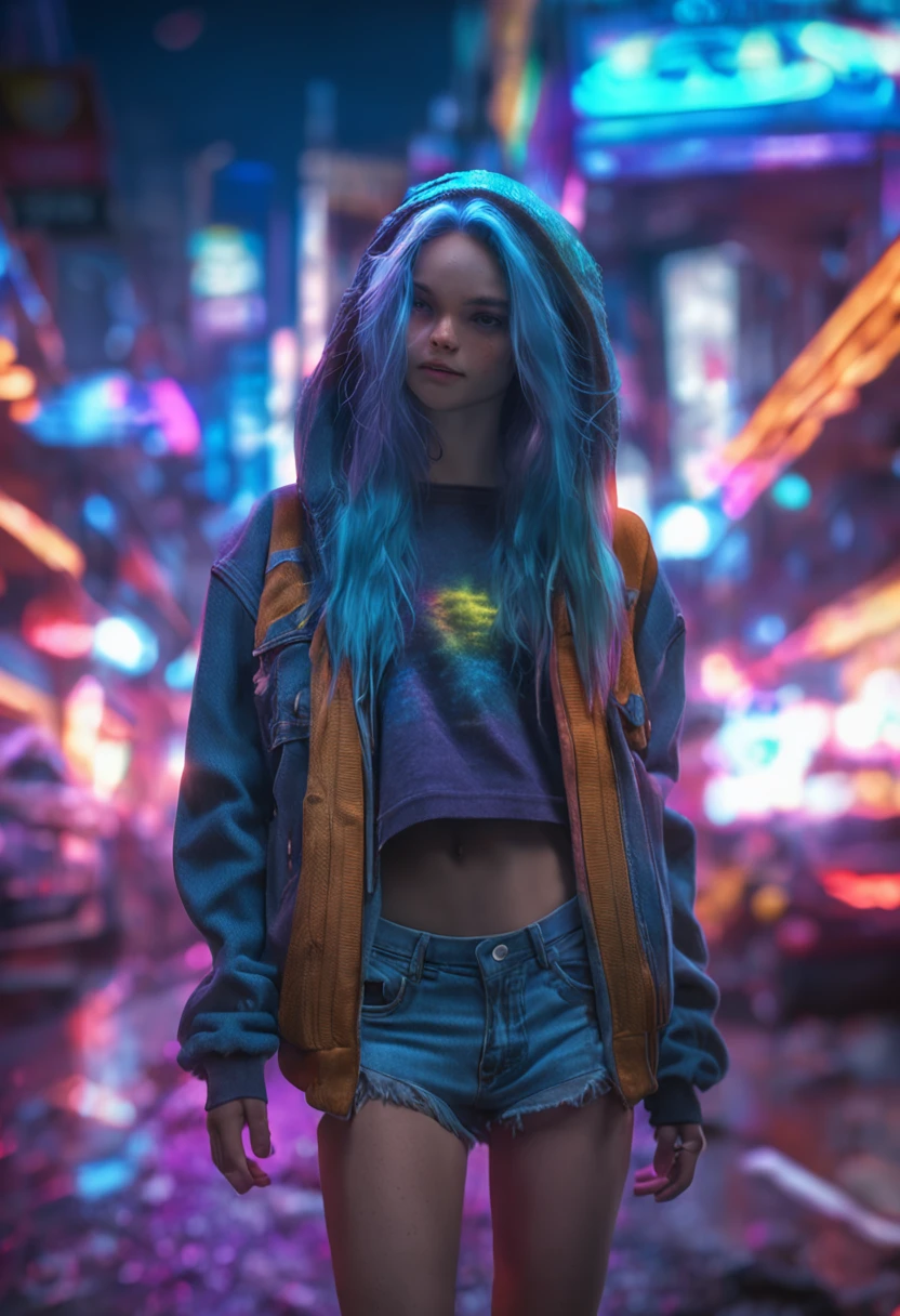 "Image Quality: 12K (Best Quality Scale: 2.8), Artistic Style: Realistic, Photorealistic Factor: 1.37, Clarity: Ultra High Definition, Subject: 1girl body turned away stunning cityscape ,hoodie,blue hair, neon color shooting stars, very long hair, off shoulder, feather hair ornament, neon colors, flashes, stunning night sky, Teenage Girl (16 years old body), Notable Features: body turned away, no face, only hair, distingquest, Exquisite Details, Composition:, Damp Hair, Context: Amidst Colossal Dalsefo, huge Angel wings very detailed