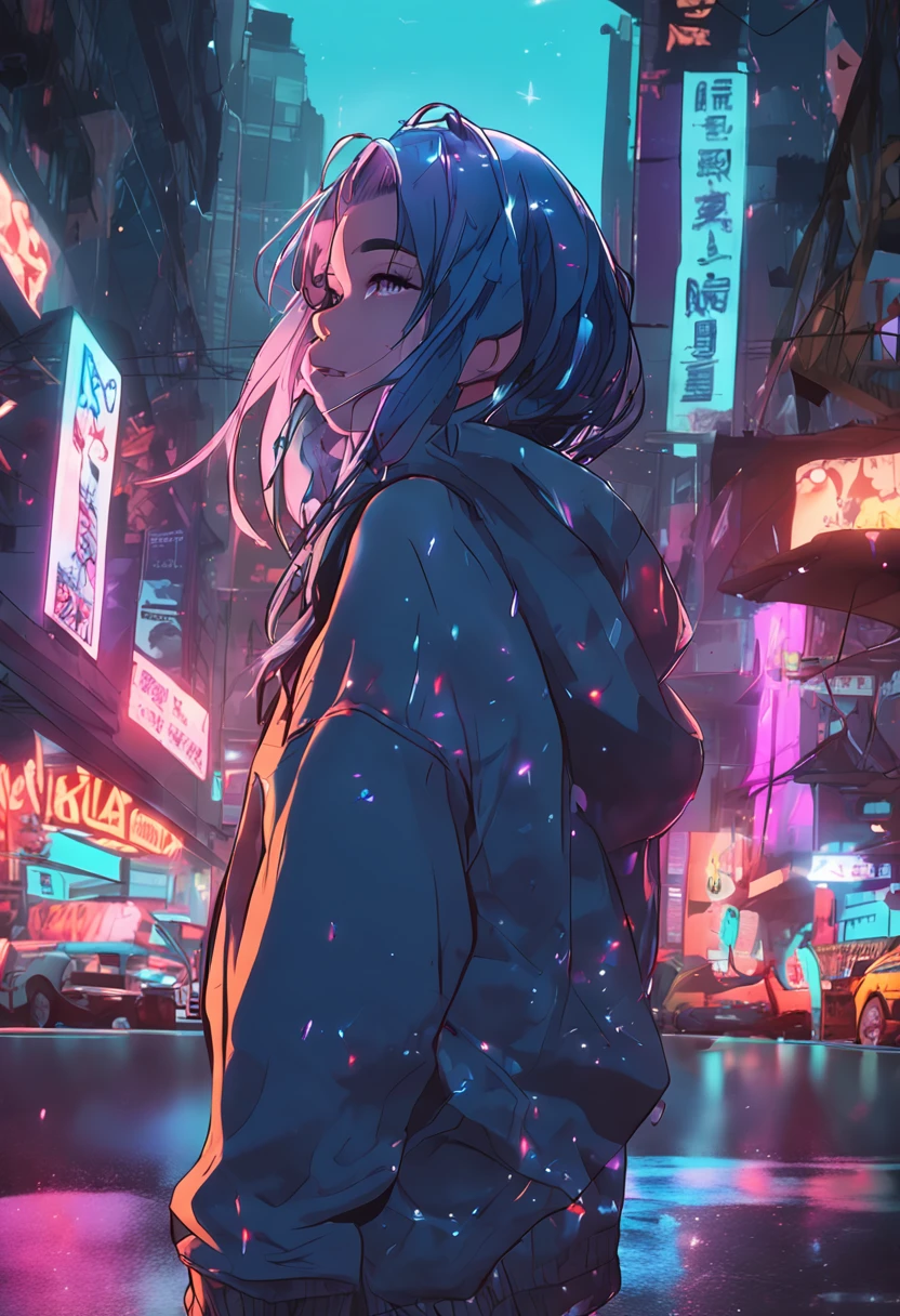 "Image Quality: 12K (Best Quality Scale: 2.8), Artistic Style: Realistic, Photorealistic Factor: 1.37, Clarity: Ultra High Definition, Subject: 1girl body turned away stunning cityscape ,hoodie,blue hair, neon color shooting stars, very long hair, off shoulder, feather hair ornament, neon colors, flashes, stunning night sky, Teenage Girl (16 years old body), Notable Features: body turned away, no face, only hair, distingquest, Exquisite Details, Composition:, Damp Hair, Context: Amidst Colossal Dalsefo, huge Angel wings very detailed