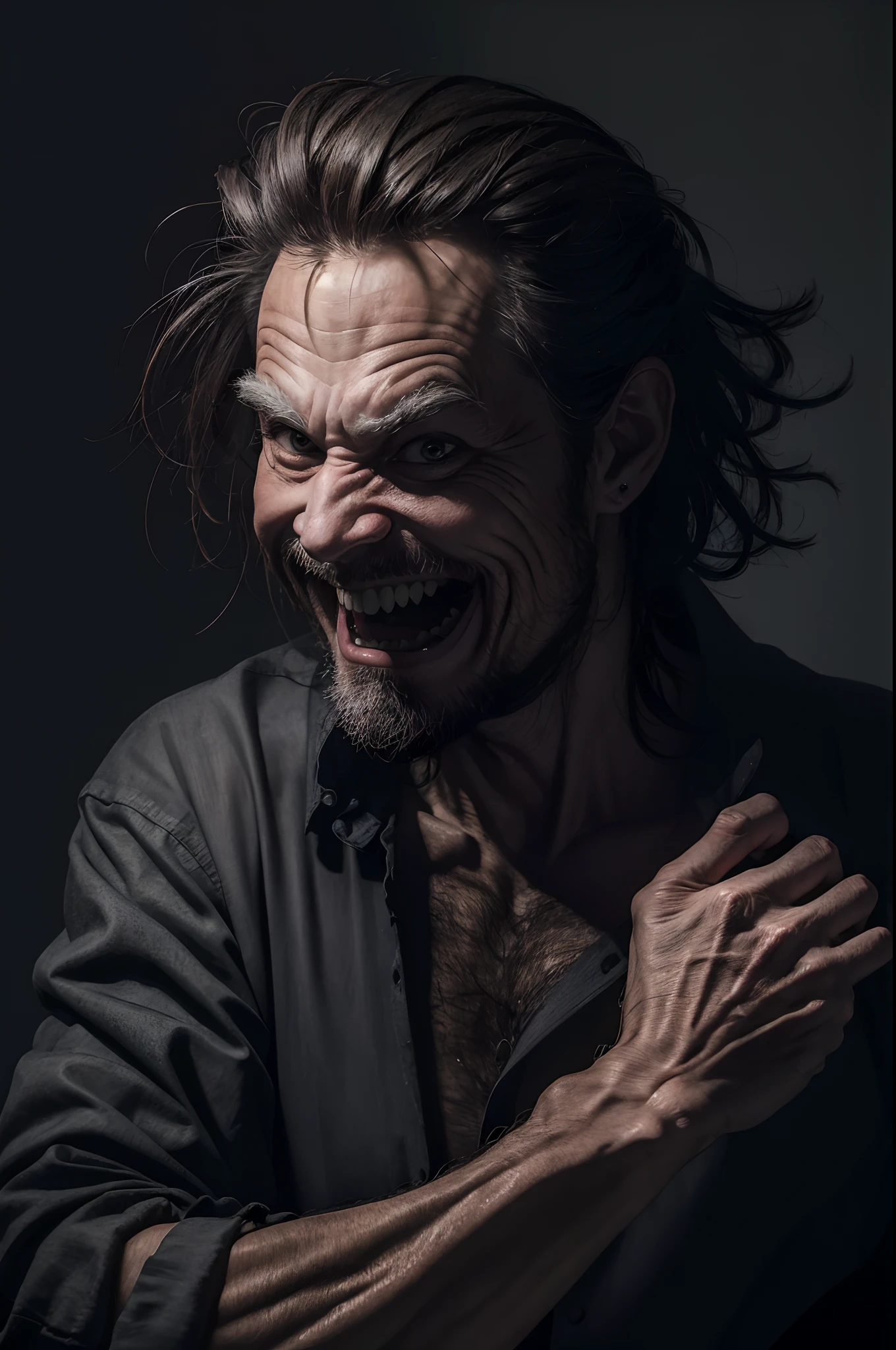 photorealistic, highest quality, RAW photo, (full body:1.4) photography of an (humanoid demon:1.2), standing, (mocking smile:1.4), with (arm extended forward:1.3) and( making a friendly gesture with the hand to ask someone to come closer:1.4), waring extravagant and colourful clothes, baggy trousers, felt boots, haggard face, aquiline nose, bushy eyebrows, reddish eyes, haggard skin, sharp teeth, gnarled hands, macabre, disturbing, photorealistic skin texture|spots|wrinkles, detailed clothes, clothes texture|wrinkles, abundant details, intricate details, subsurface scattering, volumetric shadows, sharp focus, dynamic pose, 8k, highly detailed, UHD, HDR, (extremely high facial expressiveness:1.3), (5 fingers, accurate hands anatomy:1.3)
