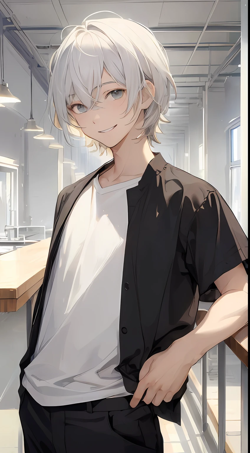 (​masterpiece、top-quality、hightquality)、1 juvenile、a 15 year old boy、(A smile))Look at viewers、white  hair、Straight Hair Medium、fluffy hair、grey  eyes、White shirt、Black pants、dynamic ungle、Lateral face、profile