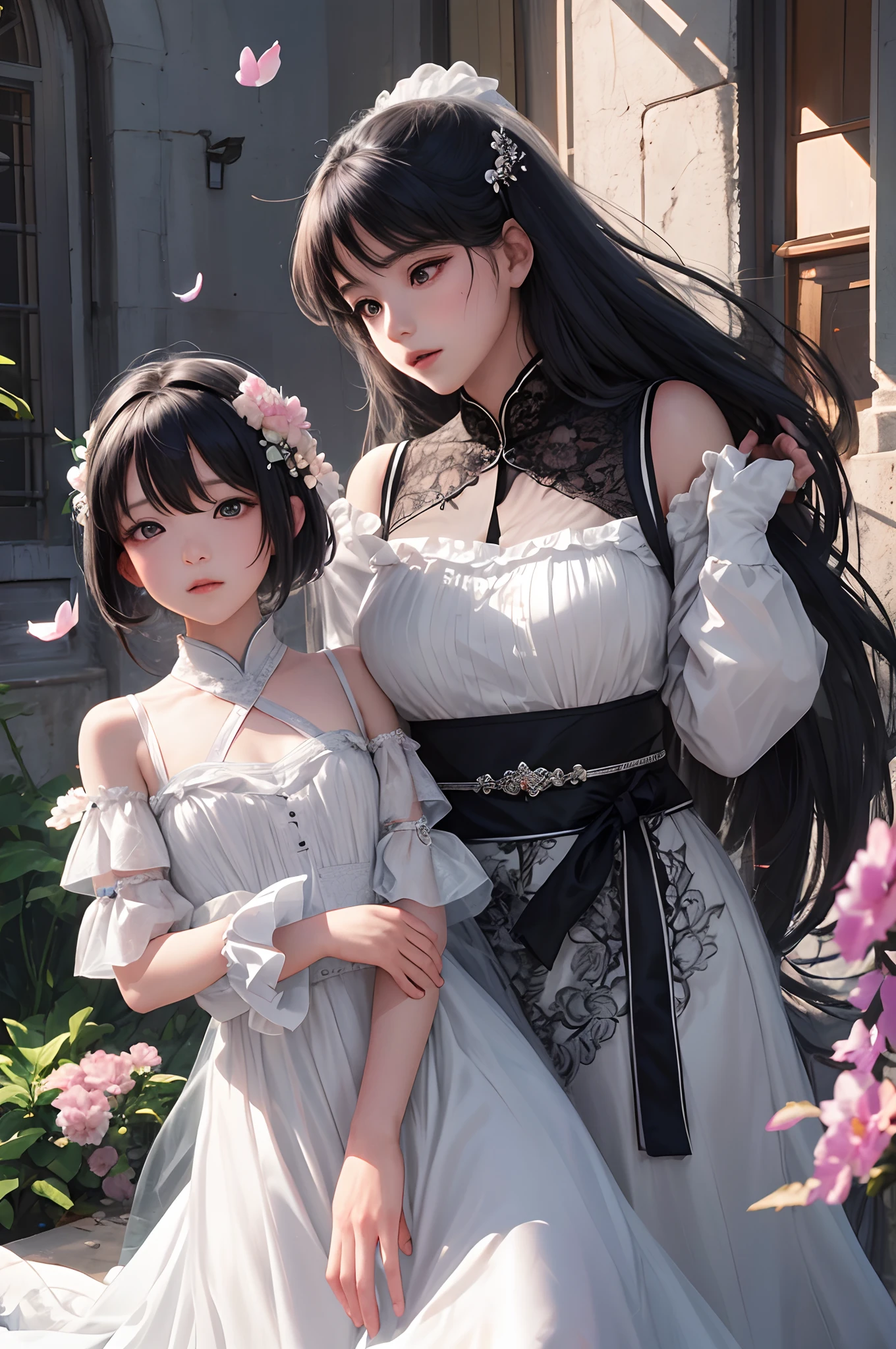 (Two girls:1.5,duo,caressing the),Lace,ribbon,Hanfu,(RAW photogr,Masterpiece, side-lighting, Beautiful gray eyes,The details are meticulous: 1.2), Masterpiece, Realistic, Glowing eyes,Shiny hair,Black hair,long whitr hair, Glossy glossy skin, Solo, embarressed,No shoulder strap,Exquisite,prettify,sonoko,Flowers,flying petal,