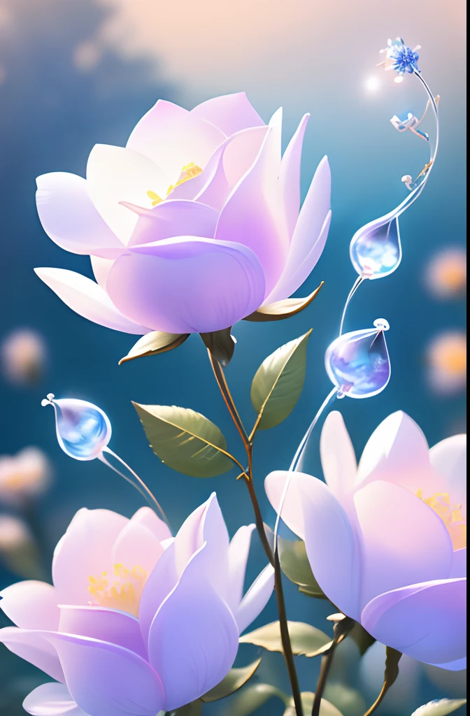 1 moon，Beautiful transparent flower fairy, Transparent colorful wings, The wand flutters in the wind､The wand flashed with starlight，Golden wand，surrounded by colorful flowers，Beautiful blue sky and white clouds、Girls have transparent wings､kindly smile､Beautiful garden background､Gentle and transparent，anatomy correct, Delicate pattern，Pink rose space, Soft lighting, ( Bokeh)，Masterpiece, Super detailed, Epic composition, Highest quality, 8K，Epic romantic fantasy digital art，Epic fairy tale fantasy digital art，Mythological fantasy，UHD resolution，Detailed detail drawing，realisticlying，Very realistic，cinmatic lighting,an award winning photograph,rich colours，hyper realistic lifelike texture，dramatic  lighting