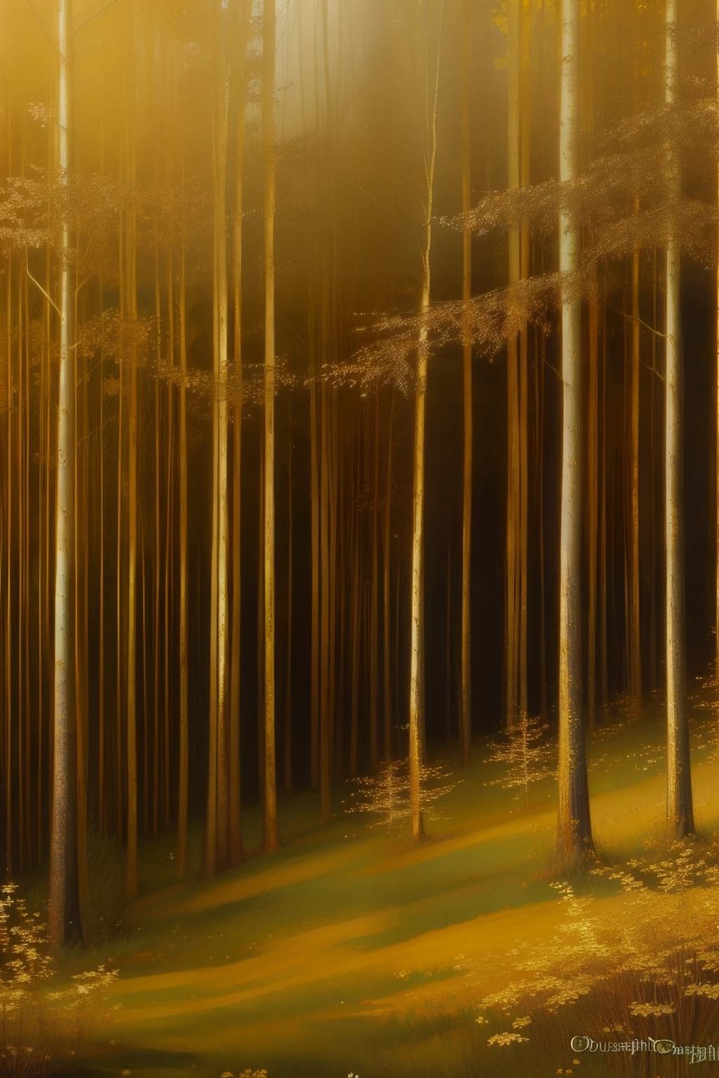 "(((Pre-Raphaelite painting of enchanted forest Celtic style of gold, tons dourado, gold, golden trees)))"