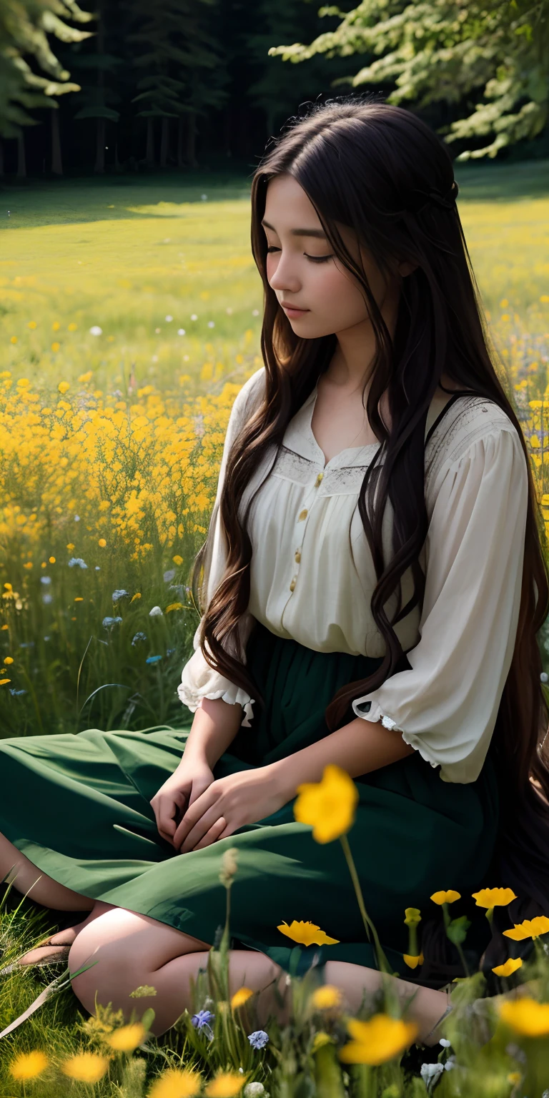 Long-haired girl fades from black to green
Sit on the meadow of the bright woods
Just woke up,One hand on the ground,The other hand is rubbing his eyes
Surrounded by flowers and meadows
