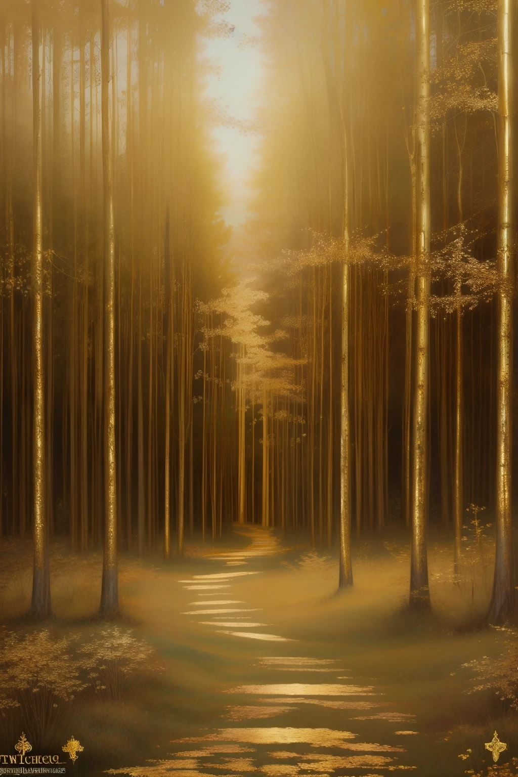 "(((Pre-Raphaelite painting of enchanted forest Celtic style of gold, tons dourado, gold, golden trees)))"