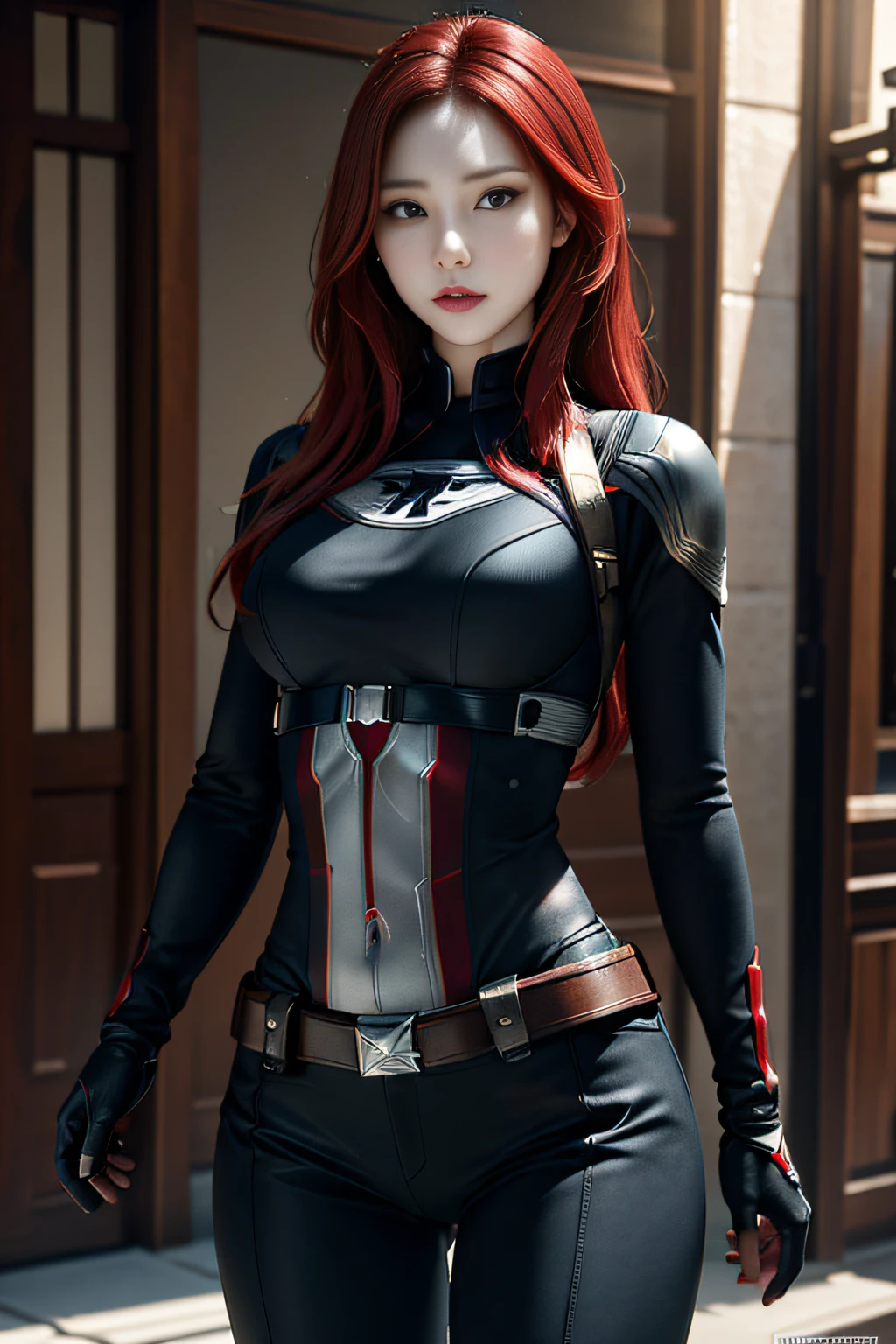 The image showcases a digital illustration of a girl with bright red hair, standing tall. She is dressed in a sleek skin-tight shiny black latex bodysuit with a deep-cut zipper neckline revealing a large chest, the silver zipper running down the front. The suit is complemented by her silver wrist guard on both wrists and a metal belt with a red "black widow" symbol buckle. Both hands are clenched. A stern expression of determination is visible on her face. She is positioned in front of a bright light, potentially representing a portal, contributing to a suspenseful atmosphere.