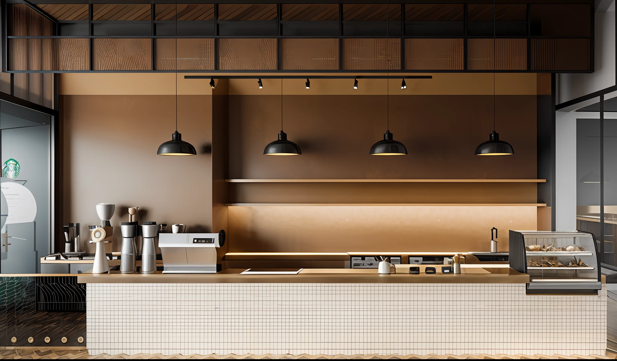 there is a rendering of a kitchen with a counter and a bar, 2 d render, illustrated starbucks interior, cafe interior, an illustration of a bar/lounge, render, comprehensive 2 d render, detailed an empty jazz cafe, conceptual rendering, digital rendering, photo render, detailed digital illustration, digital render, coffee shop, arnold rendering, commercial illustration, counter, rendering
