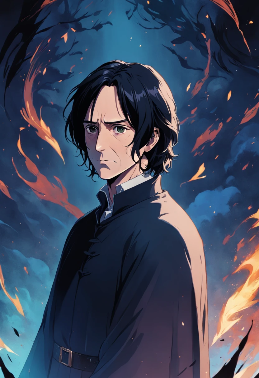 Severus snape, 40 years old man, black hair, potion