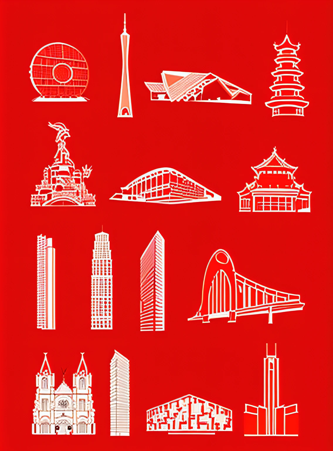 A group of different types of buildings and buildings with red ink, detailed building, soaring towers and bridges, high quality architectural art, inspired by Zha Shibiao, many buildings, Architectural illustration, Chinese architecture, highly detailed buildings, all buildings on bridge, asian hyperdetailed, Buildings, Construction, etc, line art illustration, detailed vectorart, architectural concepts