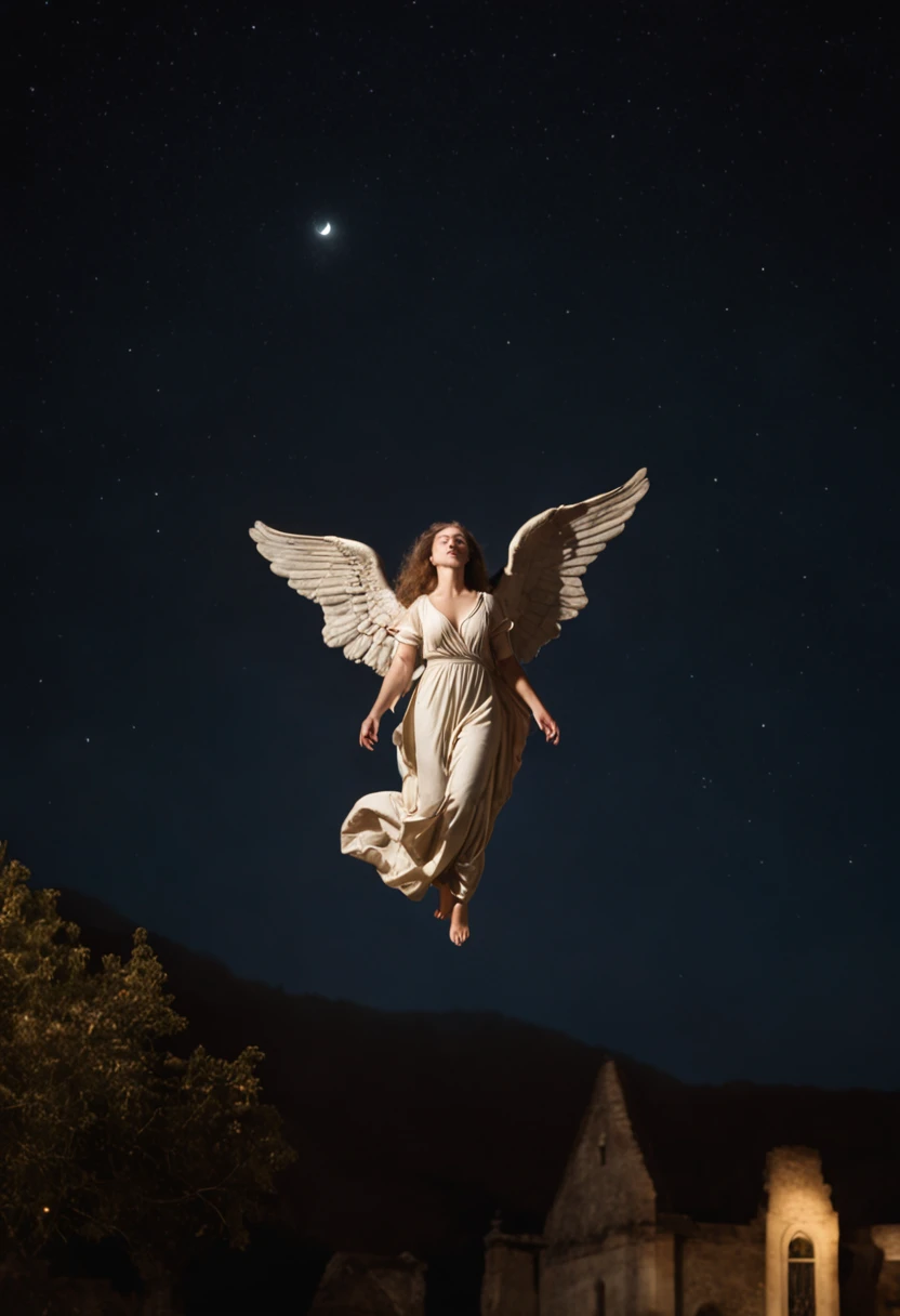 A hyper-realistic scene of 10 well-detailed falling angels being cast out of the sky during the dark night illuminated by a tiny moon, captured in a photograph of incredible realism. Qualidade  hiper-realista, foto