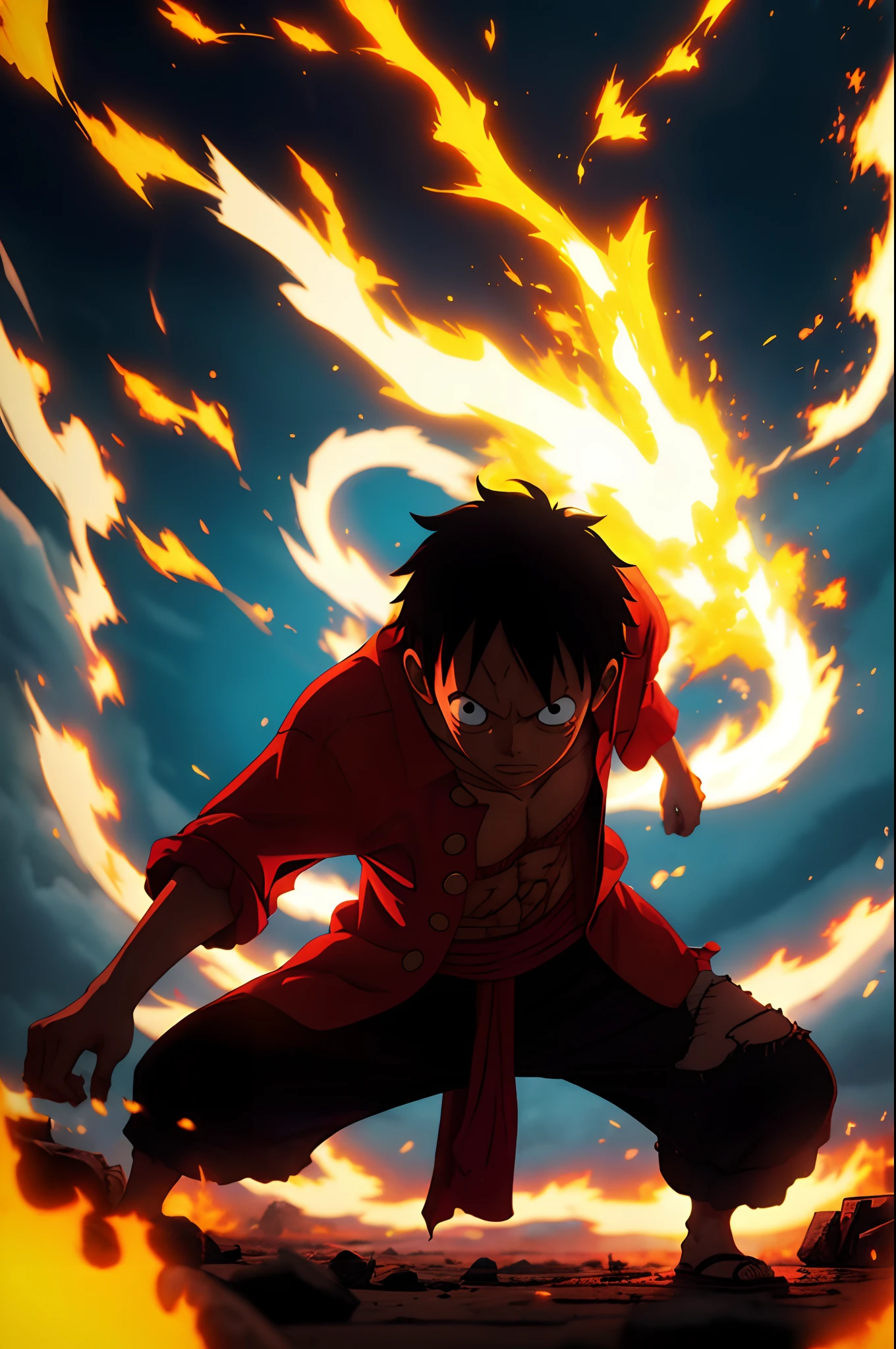 monkey d luffy, luffy one piece and giant japanese blue dragon's, eiichiro oda style, full body, dynamic pose, ancient ruins, flames, spark, lightning, wanostyle, masterpiece, intricate detailed, hyperrealistic, cinematic, 8 K, perfect composition, high contrast, highres, unreal engine 5