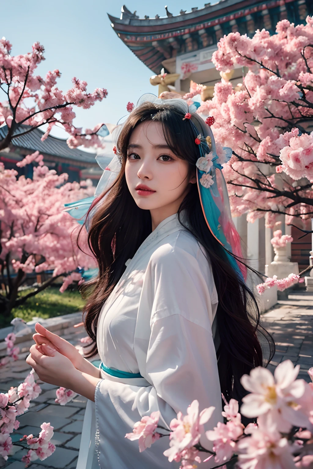 (8K, RAW photo:1.2), Best quality, 超高分辨率,Dramatic angle,(fluttering detail color splash), (illustration),(((3 girls))),(Long hair),(rain:0.9), (head gear:1.4),There was an ancient palace behind the three of them,Hanfu,(focal point),colored ink drawing,(Splash color),Splash color,(((Colorful))),(sketching:0.8) , realistic skin textures，highly  detailed，8K wallpapers，tmasterpiece，ultra - detailed，Detailed facial features，Volumetriclighting，动态照明，Bust photo，1 man，ssmile，Peach Blossom Forest，cabelos preto e longos，horse tailed，White Hanfu，red waistband，Petals flying，Hazy，Ancient royal palace architecture，电影灯光，dynamic viewing angle，A handsome guy has three beautiful women beside him，Handsome guy is tall and handsome，Hanfu，Beauty is beauty，（Stone garlic），