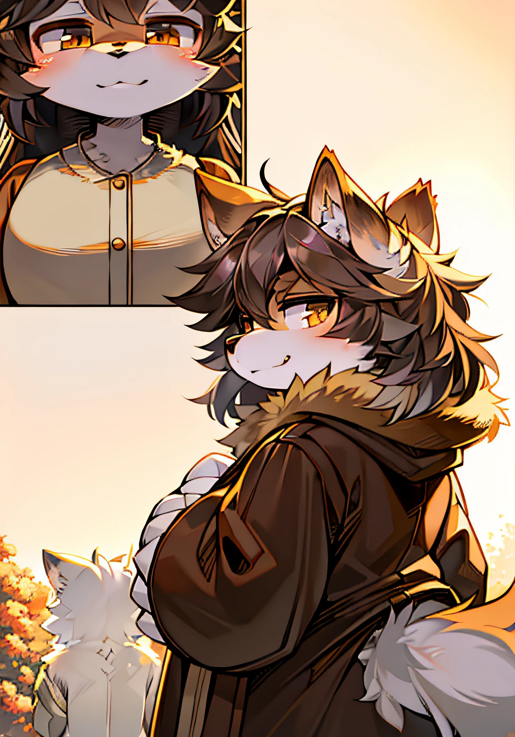 shaggy,Wolf ears,Wolf type,Big fluffy tail,Brown coat,Silver-gray fur,Cubs,hyper cute face,ssmile,view from long distance,tmasterpiece,High-quality portraits,white backgrounid,looking back,close-up,upper body,retro artstyle,golden hour light,