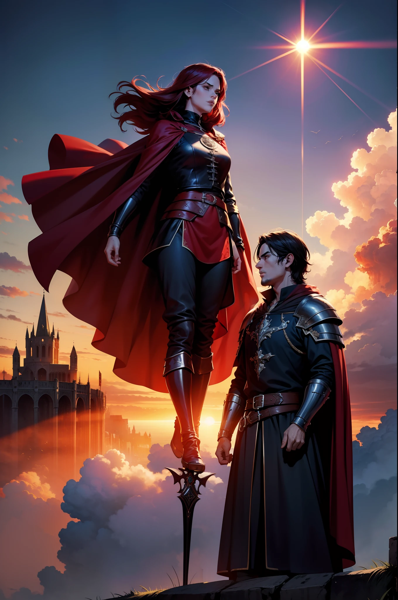 Dois personagens guerreiros, entardecer, 8k, magnifica, poderoso, magia, Mantos, sangue, Cidade medieval, dramatic scene, Colors of Gothic armor, sky with many clouds, Magnificent, tunic, Long, flowing red cape