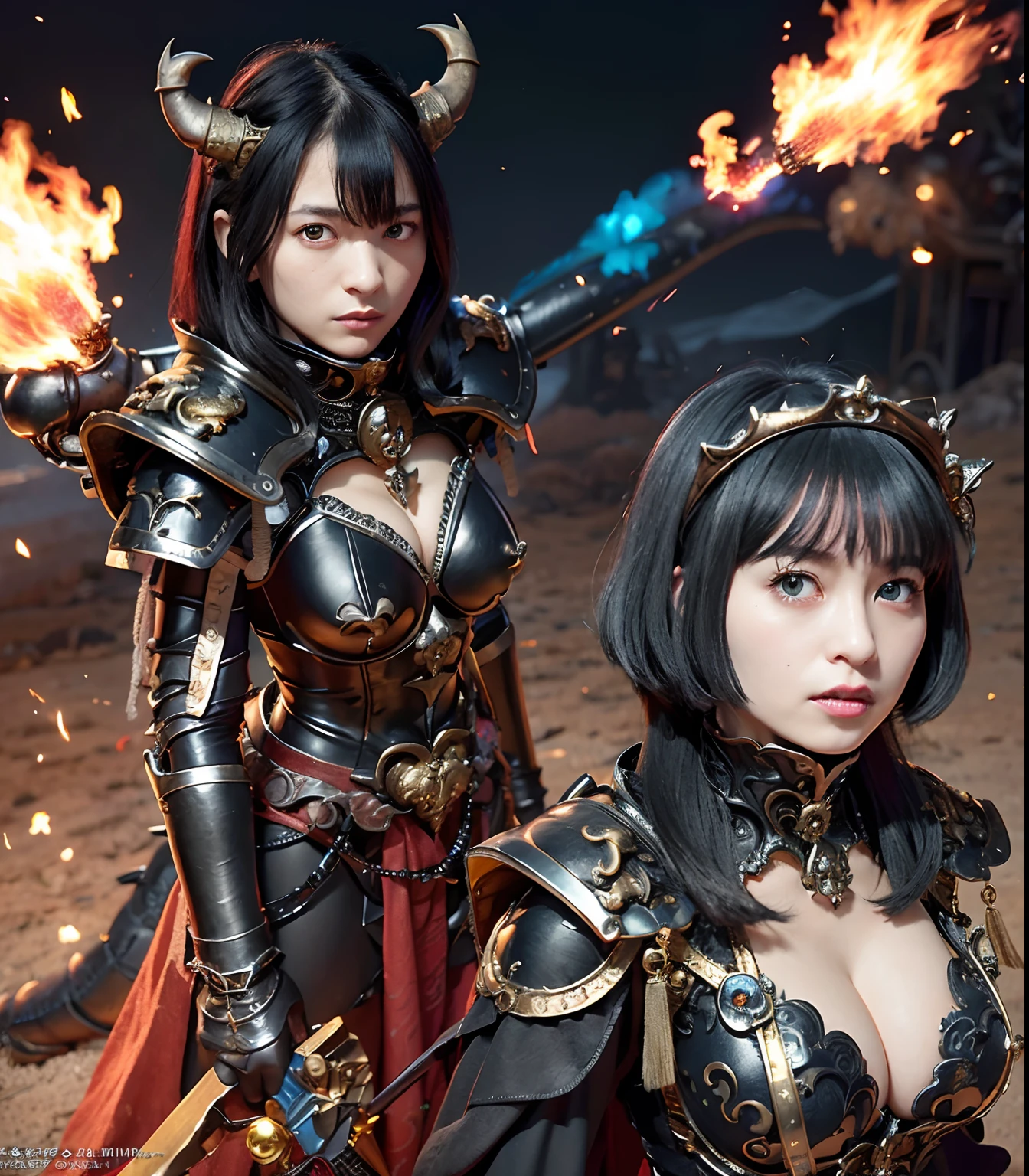 (masutepiece), Professional , masterpiece、top-quality、photos realistic , depth of fields (Gemstone Black Metal Body:1.9),(Matte Black、(cleavage of the breast)、Dragon Gold Weapon(Dragon Metal Body:1.4),Gorgeous Silver Weapons ,(( Dragon's dense and gorgeous sword)) , Beautiful knife ,warhammer 40k , adepta sororitas,Detail and gorgeous crown、((Blue hair))、(Castle background)、The dragon、((Gangle's forest background))、Beautiful Caucasian beauty、(1a person)、dynamic ungle,(((Detailed and ornate Black Devil Crown)))、Smaller head、A smile、Castle background、Thin and beautiful female hands、cleavage of the breast、Soldier in iron armor on background、Mystical expression、Light Effects、intense fighting、Wind-effect、magic circles、With the legendary magic wand、(demonic wings)、(Blue hair)、(独奏)、