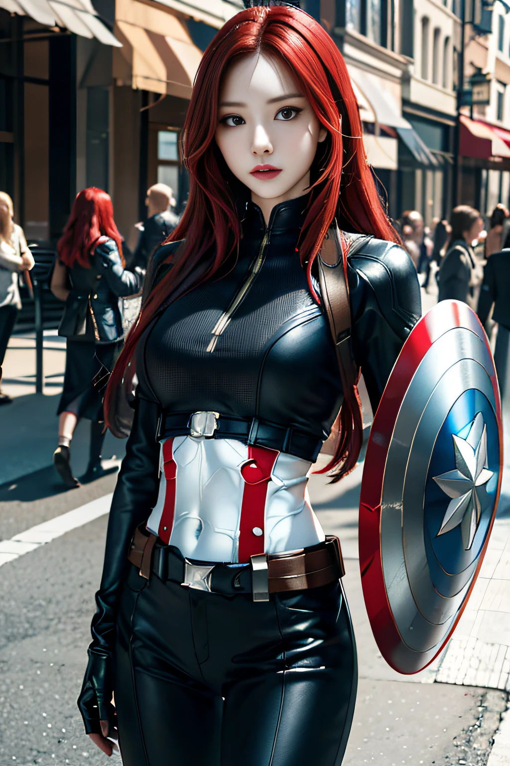 1girl, tmasterpiece, Best quality at best, 8k, detailed skin textures, Detailed cloth texture, Beautiful detailed face, intricately details, ultra - detailed, Black Widow in Captain America style,Holding a U.S. team shield in his hand， Straight red hair, dynamicposes，Urban street background，Wide angle background，