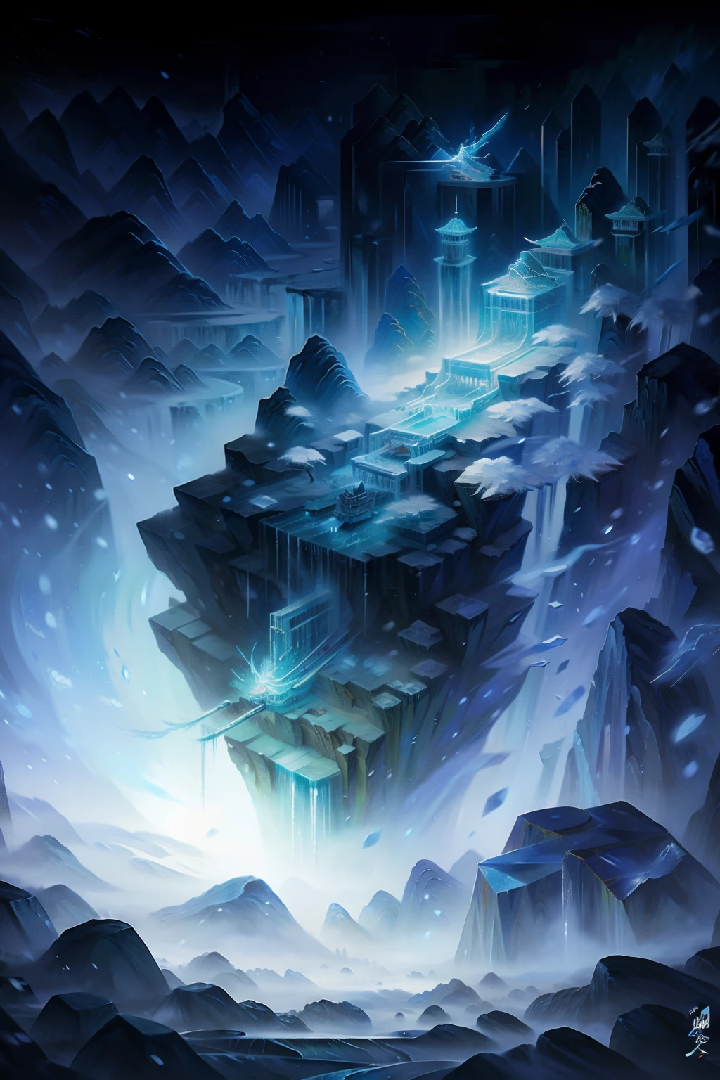 A new world of icy landscapes,drak,Science fiction, 4K, High quality, illusory engine, Fantasy art ,Clean design, epic,mont,rios,Chinese Ancient Times