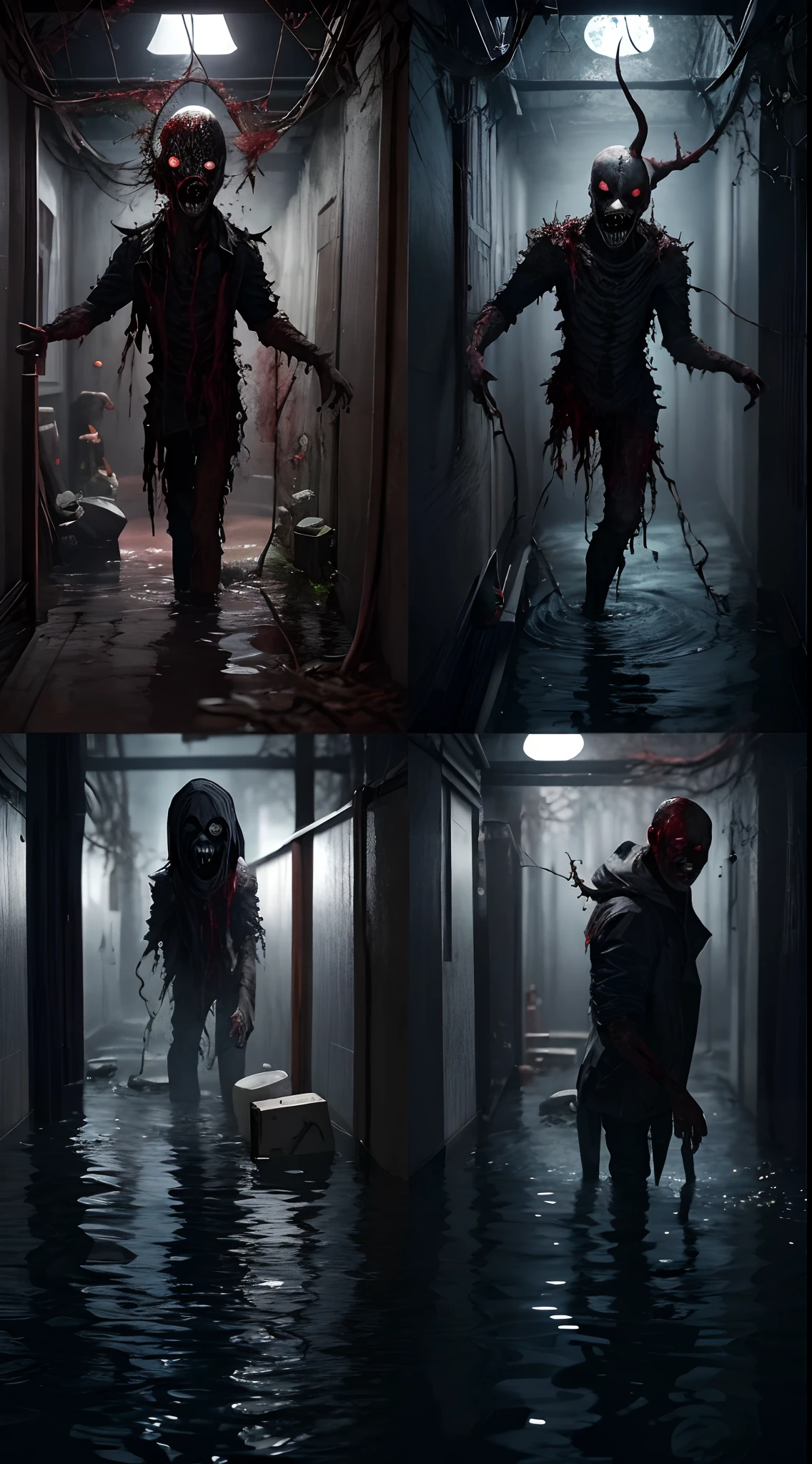There was a man in a white mask standing in a flooded area, photorealistic dark concept art, Horror photography, Award-winning horror photography, hyperrealistic nightmare scene, Horror surreal art, Pennywise style, creepy and dramatic atmosphere, haunted house,Spooky forest,Bizarre encounters,Abandoned shelters,Creepy doll,Sinister shadows,Demon-possessed,Haunted dollhouse,The Cursed Mirror,shinigami,Prank activity,Zombie apocalypse,Horrible cemetery,,Evil spirits,Blood Moon,Horror, Spooky, Frightening, secret terror, Tentacles, vines, Eyes, uncanny valley effect teeth, all fours, Critters, A plant,author:Alexander Giemsky, author:Fabian Charrouo, horror concept art, author:Sebastian Spoon, by Daniel Seghers