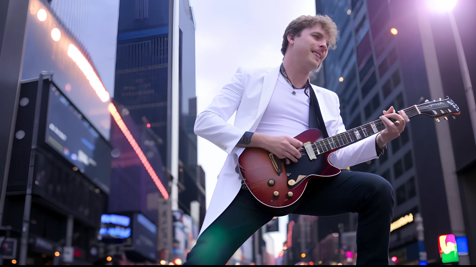 1 white man he is a guitarist and is playing in Times Square-NYC.