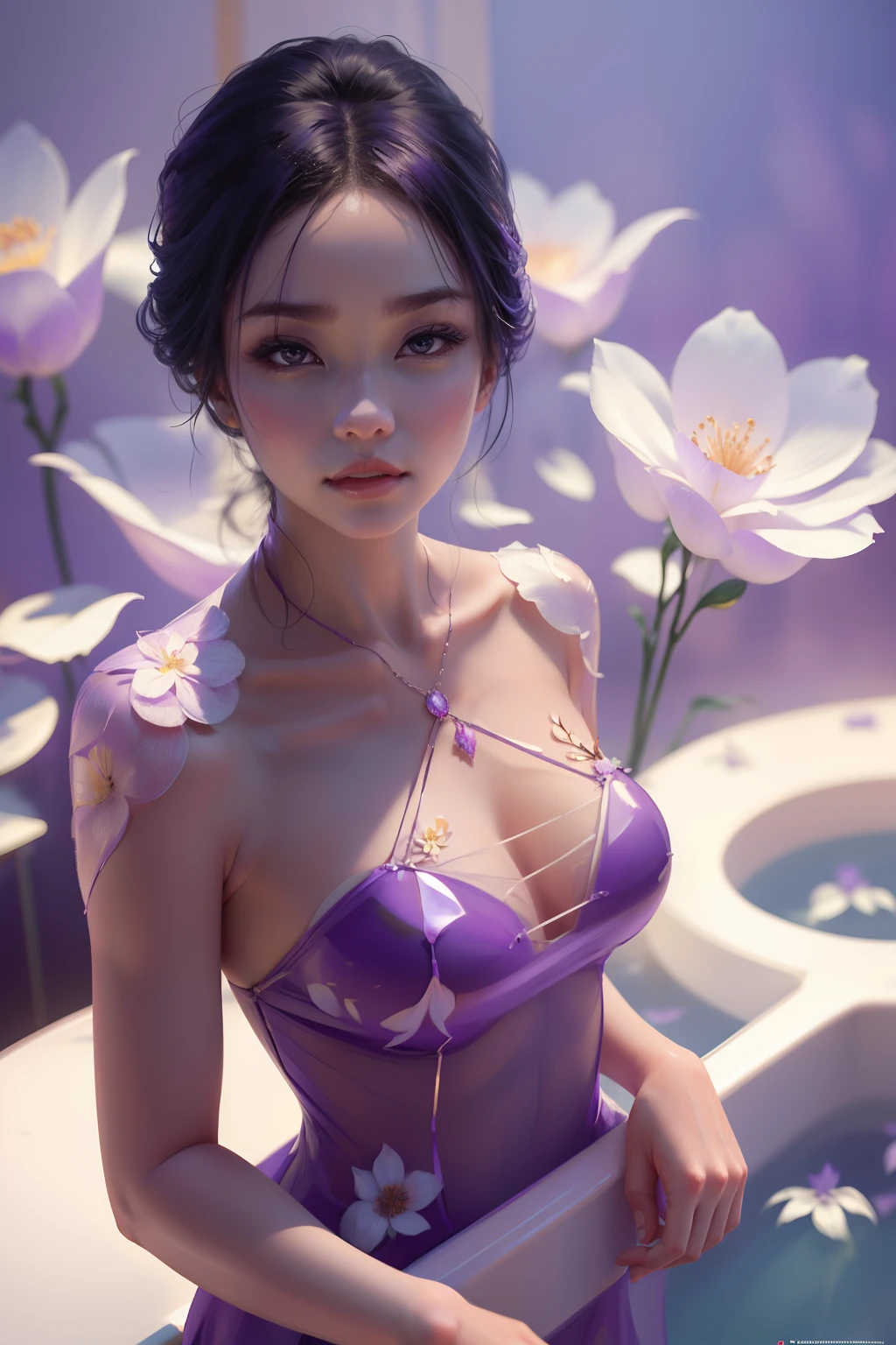 A woman of outstanding figure,Wearing a purple cheongsam,(Bathe in the bath),Transparent body,fresh flowers,jewely,Amazing work,Vitreous luster