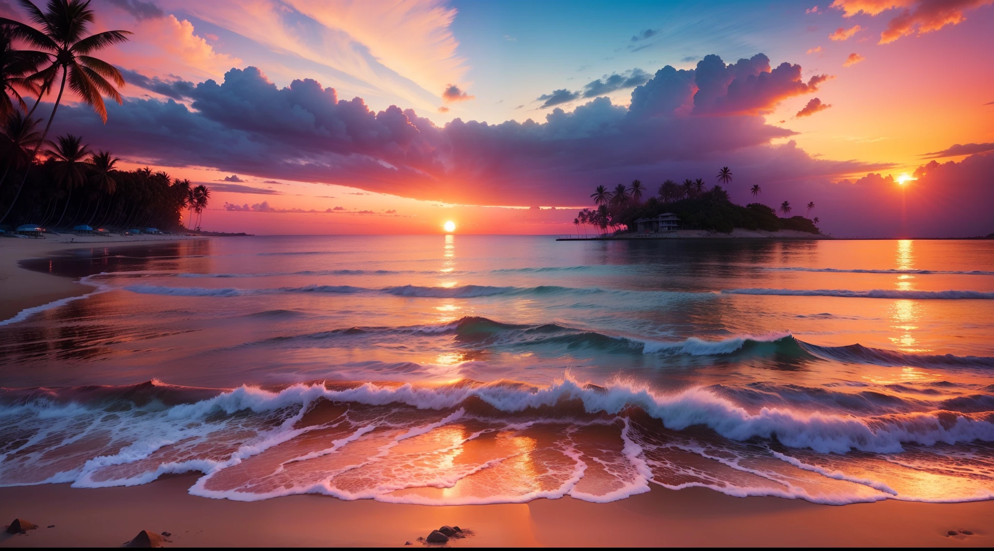 arafed view of a beach with palm trees and a sunset, tropical beach paradise, beach sunset background, tropical paradise, colorful sunset, which shows a beach at sunset, beautiful sunset, sunset on the beach, pink reflections, breathtaking colors, pink sunset, tropical beach, sunset at the beach, stunning sunset, beautiful sunset glow, pastel sunset, beautiful background