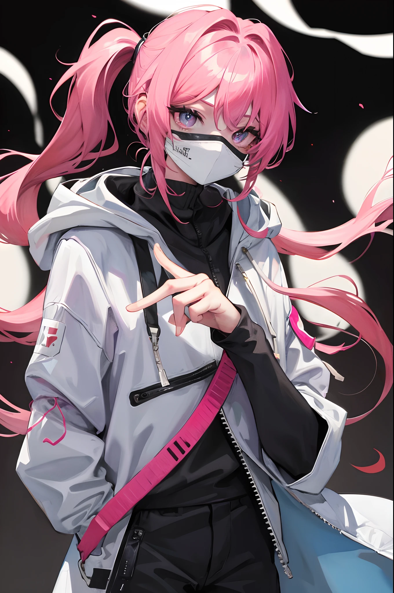With hood, pink double ponytail eyes, big white mask, slender fingers