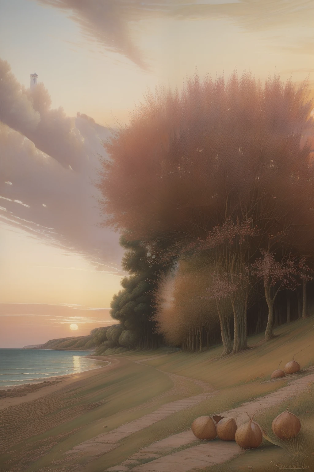"(((Pre-Raphaelite painting of two hazelnuts 'corylus avellana' at sunset on the sea, paisagem celta)))"