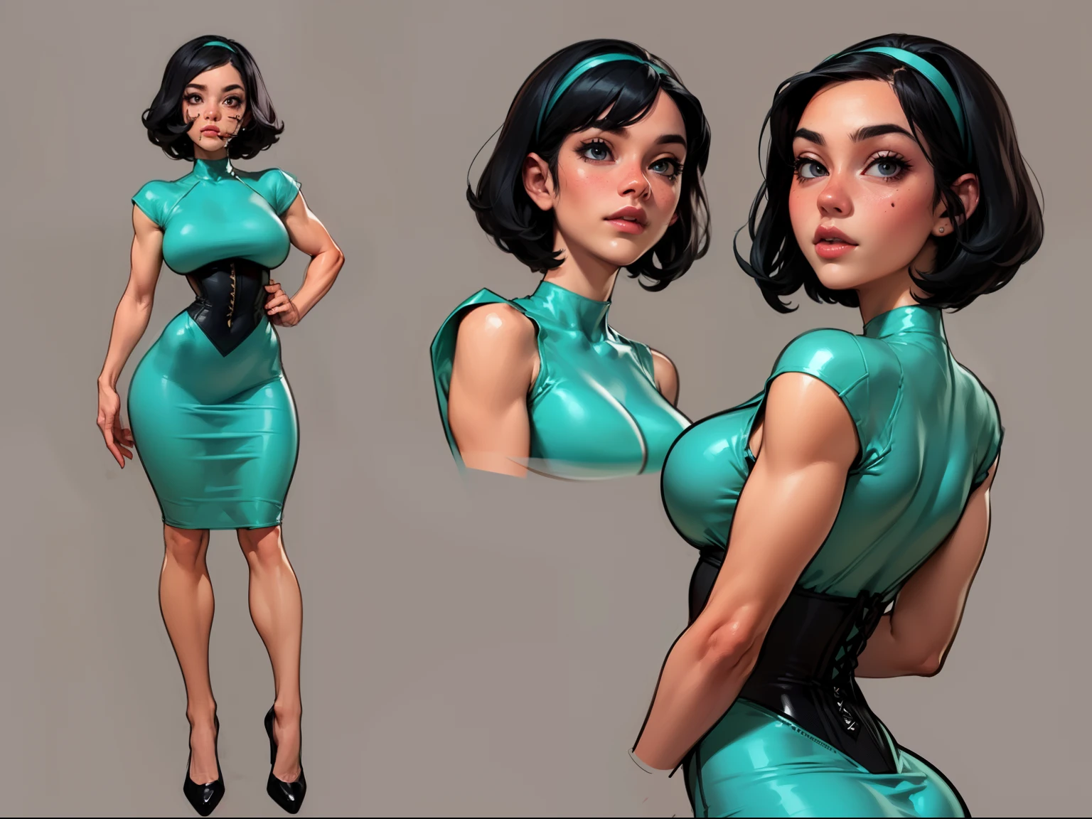 ((masterpiece)),(((best quality))),((character design sheet)), ((full body view)) illustration,1girl, muscular, ((tight mintgreen dress:1.2)), buttercup, (mintgreen hairband),(dark black hair:1.3), greendress ((detailed face:1.4)) beautiful woman, slick bobcut, (black corset:1.1)shiny skin, thick legs, scribbles and marks, , rough sketches, pose, 8k,16k, (simple background, white background: 1.3)