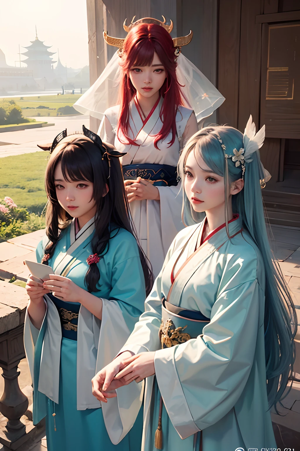 (8K, RAW photo:1.2), Best quality, 超高分辨率,Dramatic angle,(fluttering detail color splash), (illustration),(((3 girls))),(Long hair),(rain:0.9), (head gear:1.4),There was an ancient palace behind the three of them,Hanfu,(focal point),colored ink drawing,(Splash color),Splash color,(((Colorful))),(sketching:0.8) , realistic skin textures,highly detailed,8K wallpapers,tmasterpiece,ultra - detailed,Detailed facial features,Volumetriclighting,动态照明,Bust photo,1 man,ssmile,Peach Blossom Forest,cabelos preto e longos,horse tailed,White Hanfu,red waistband,Petals flying,Hazy,Ancient royal palace architecture,电影灯光,dynamic viewing angle,A handsome guy has three beautiful women beside him,Handsome guy is tall and handsome,Hanfu,Beauty is beauty,(Stone garlic),