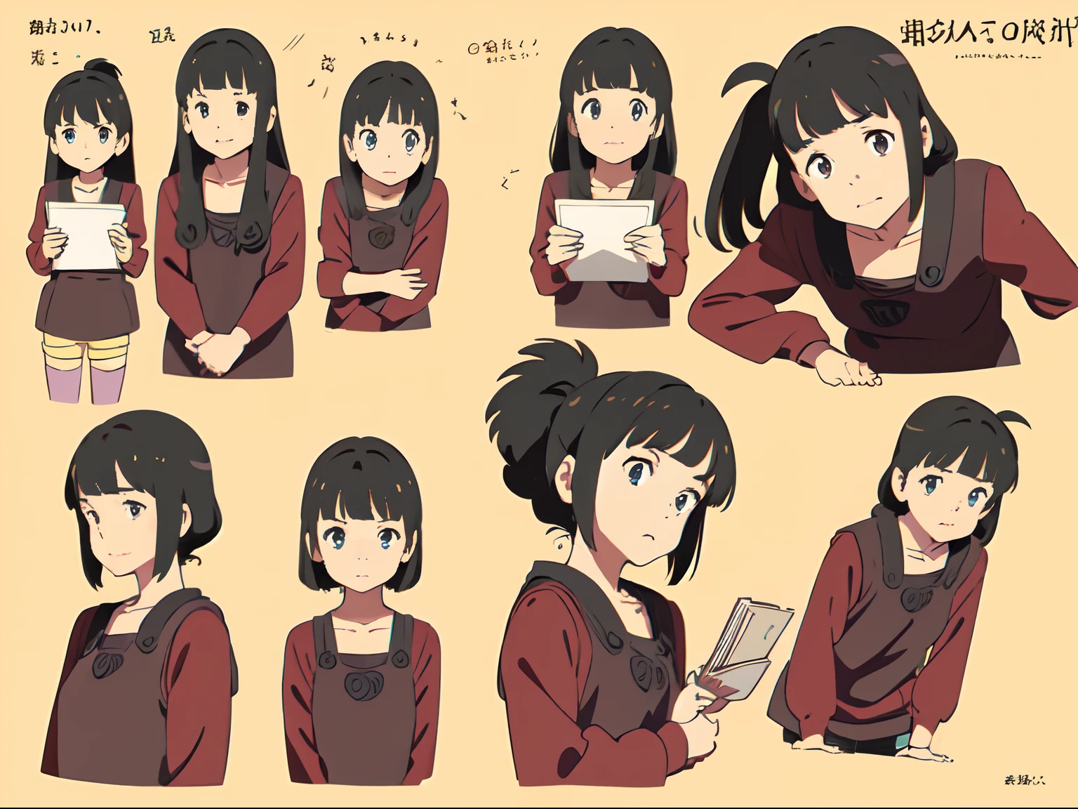 cute girl, character seet, Multiple pose and expressions, different angles, organizing, ghibli style, childrens book, meny character,
