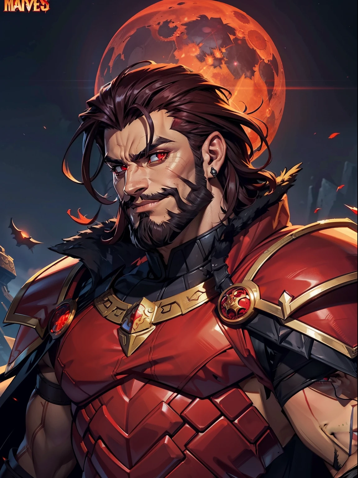 Dark night blood moon background, Hades style, game portrait. Sadurang from Marvel, hunk, buffed physics, short mane hair, mullet, defined face, detailed eyes, short beard, glowing red eyes, dark hair, wily smile, badass, dangerous. Wearing full armor with red dragon scales, cape of furs.  Breath fire.