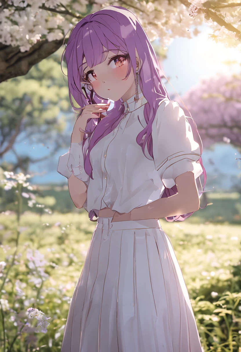 The sweet heroine in the idol drama is gentle and lovely, with long purple hair, personality lips, white tight-fitting short sleeves and light yellow skirt.