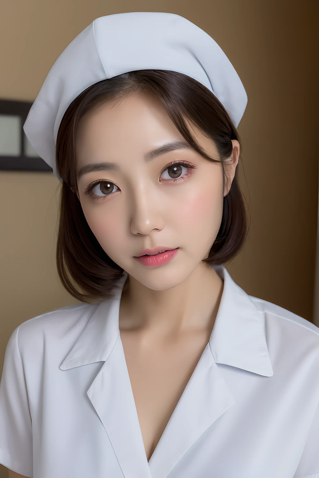 (Best quality, 8k, 32k, Masterpiece, UHD:1.2),Photo of Pretty Japanese woman, 1girl, (medium-short dark brown hair), (large breasts), double eyelid, White nurse uniform, small white nurse (cap), white shirt, open shirt, hospital, patient's room, upper body, sexy