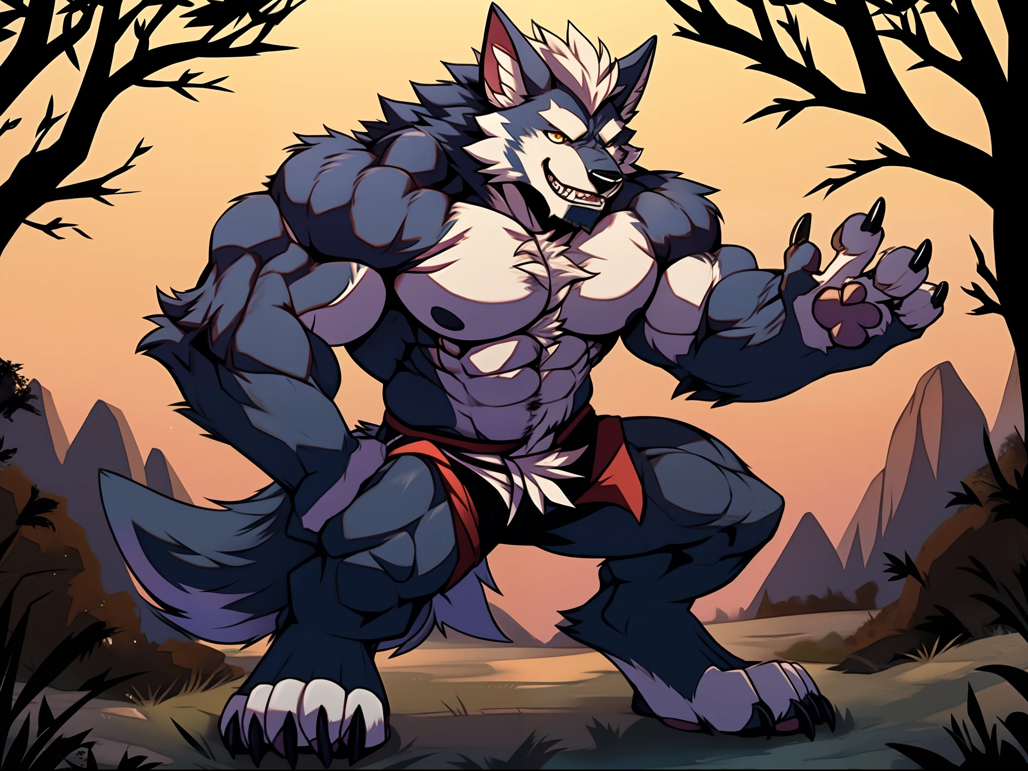 muscular werewolf，Hairy all over，clawed paws，erect through