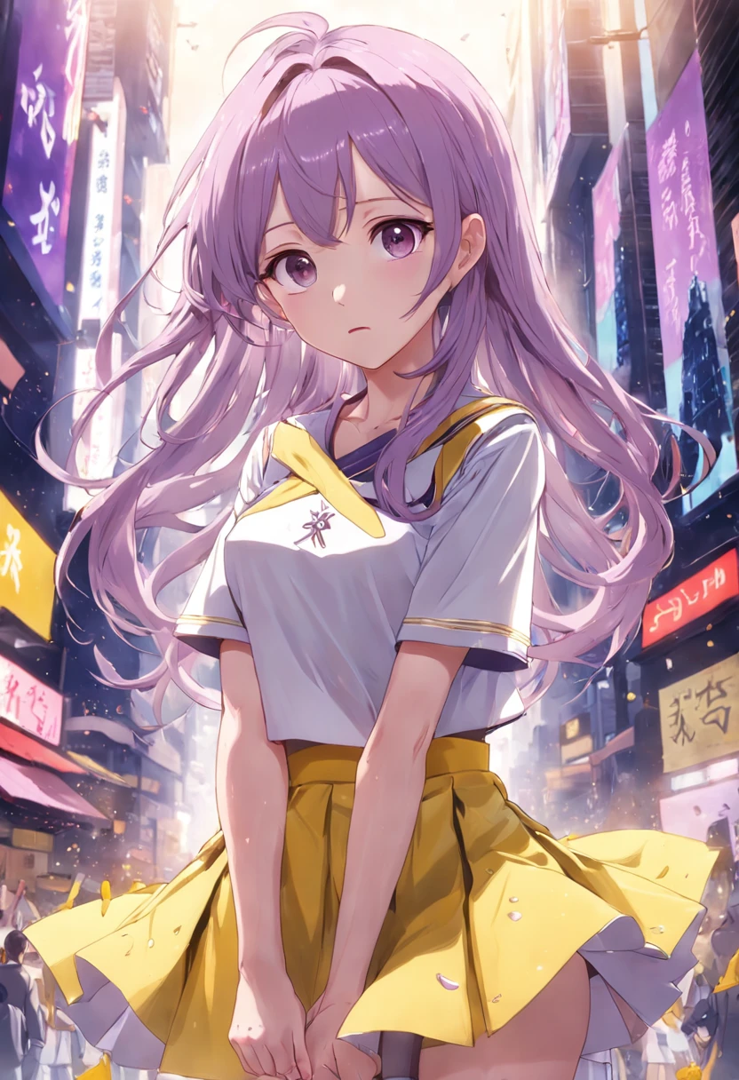 The sweet heroine in the idol drama is gentle and lovely, with long purple hair, personality lips, white tight-fitting short sleeves and light yellow skirt.