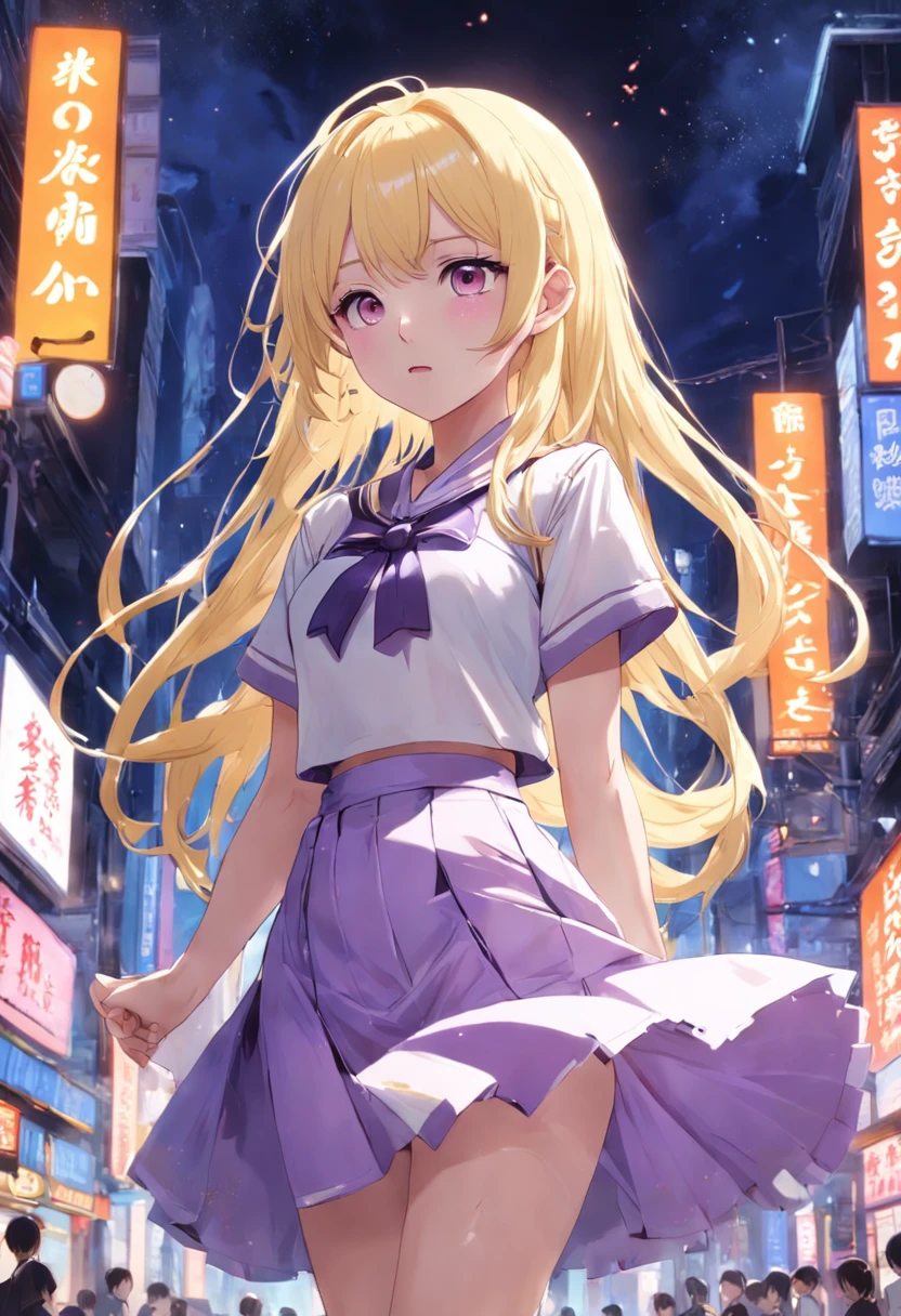 The sweet heroine in the idol drama is gentle and lovely, with long purple hair, personality lips, white tight-fitting short sleeves, light yellow skirt, high quality and 4k HD.
