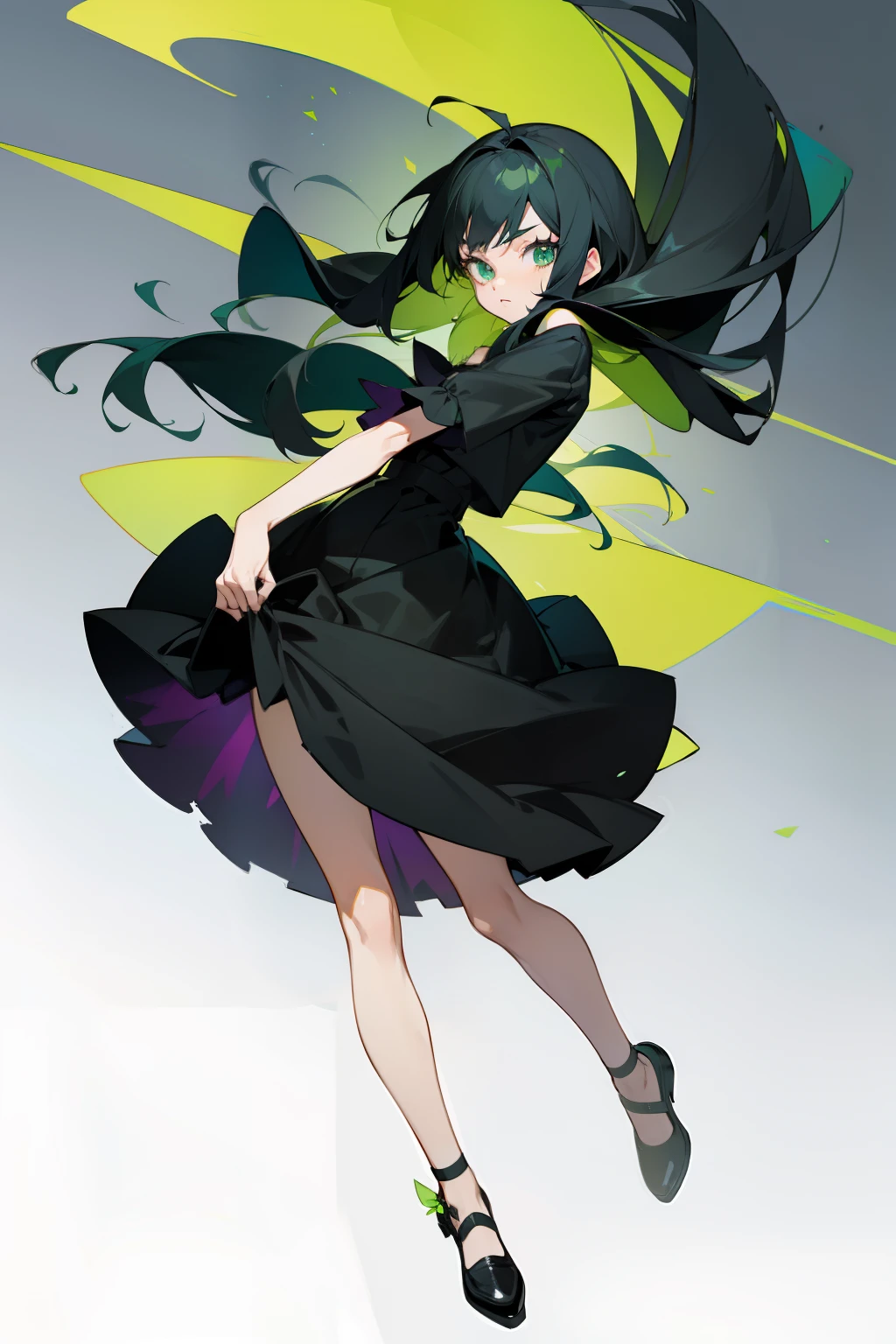 Anime girl in black skirt，Long hair with a green gradient on top and bottom，Small black leather shoes,Hands pull up the skirt，anime full body illustration, Anime girl wearing black dress, full body portrait of a short!, loli in dress, Flat anime style, Anime moe art style, Full body illustration, 2D illustration, 2 d illustration, full body concept, 2 d anime style, 2 d style, [ Character design ]