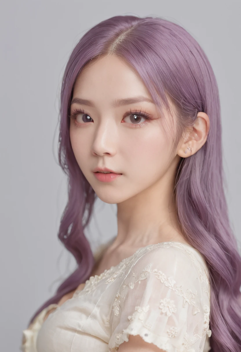 The sweet heroine in the idol drama is gentle and lovely, with long purple hair, personality lips, white tight-fitting short sleeves and light yellow skirt.
