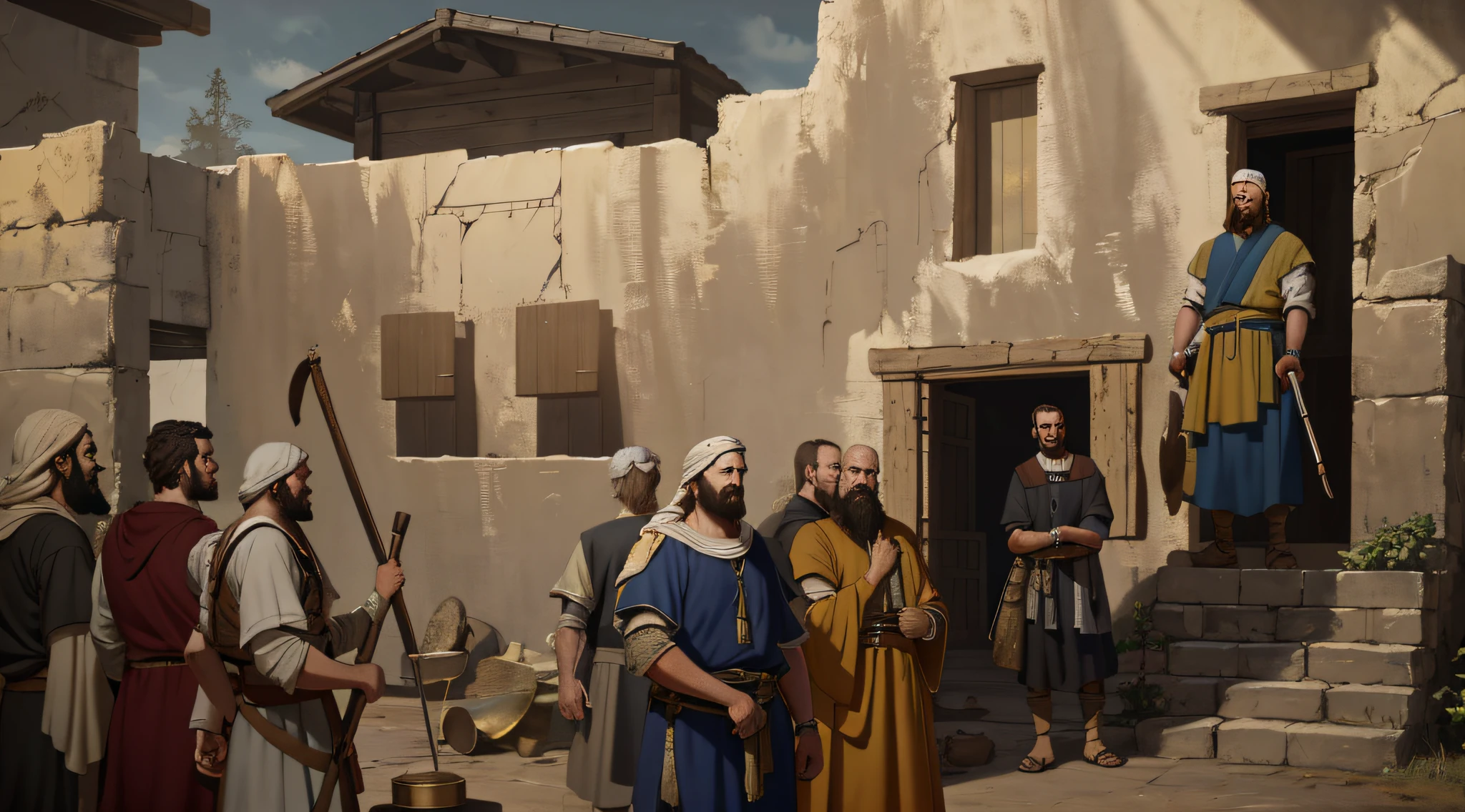 Oil painting, there is a house, a group of men in front of the house looking at home, epic biblical representation, 8k uhd, cinematic lighting, high quality, --s2